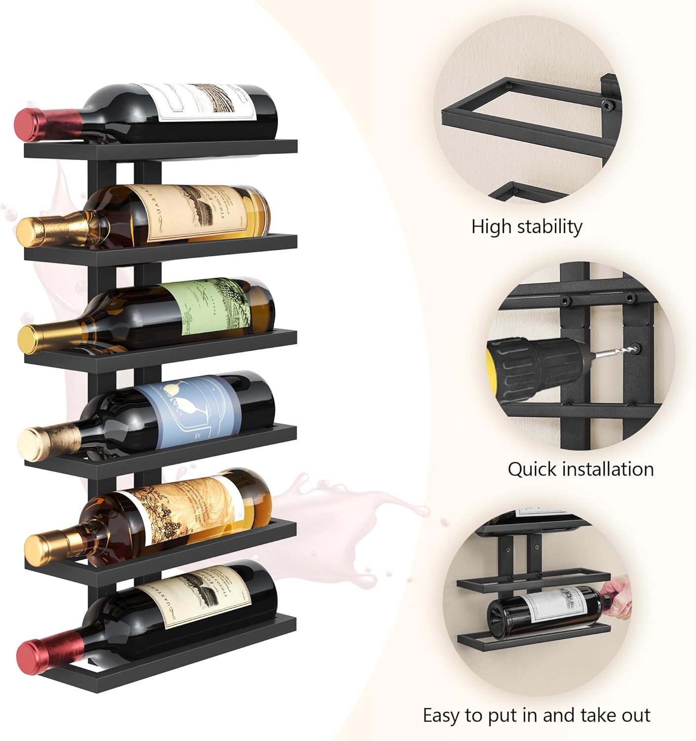 FAVOOSTY - Porte-bouteilles mural 6 niveaux métal, noir, salle à manger