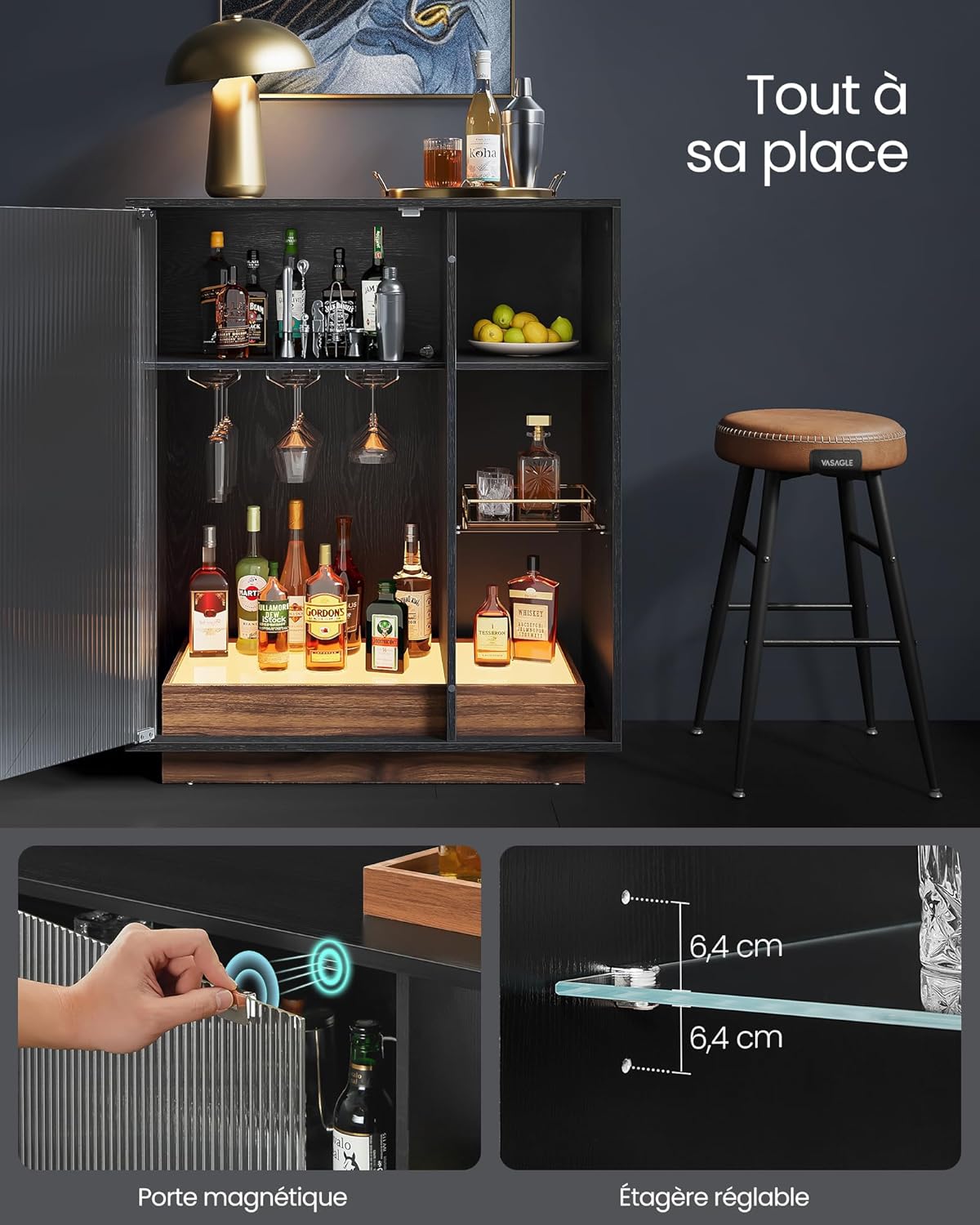 VASAGLE - bar à vin LED, porte-verre, porte vitrée, 100x40x80 cm - BBK361B21