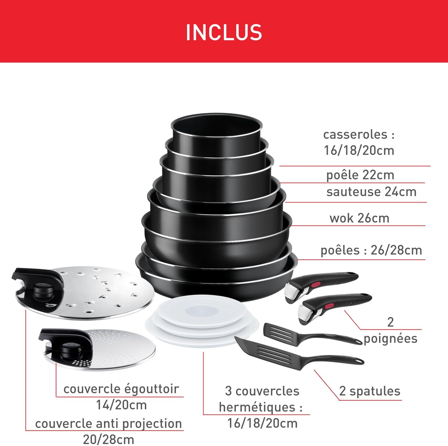 Tefal - Ingenio Easy On - batterie 17 pièces, poêles et casseroles empilables, antiadhésif, lave-vaisselle, L1599702