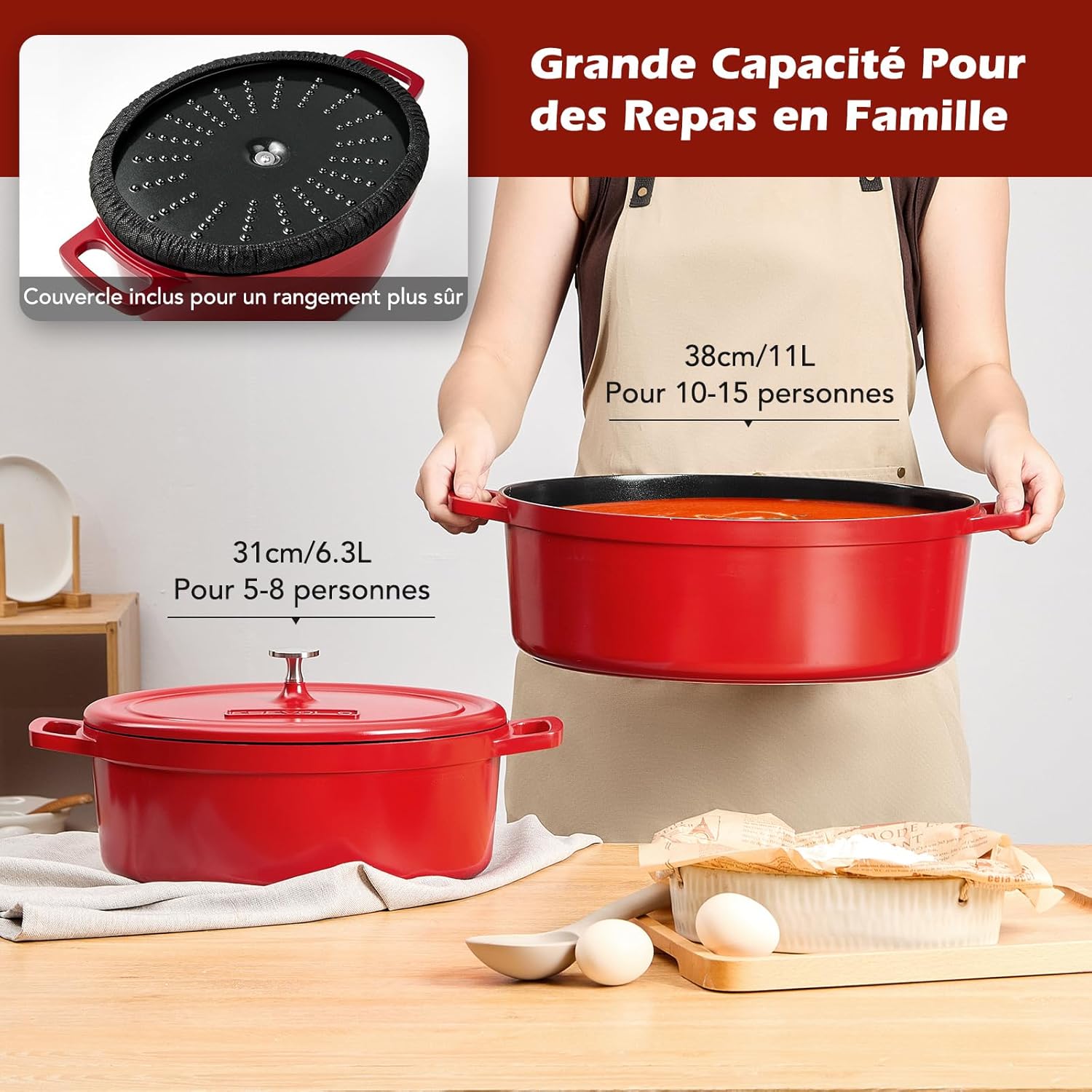 Cocotte fonte aluminium ovale 31cm 6,3L, revêtement céramique antiadhésif