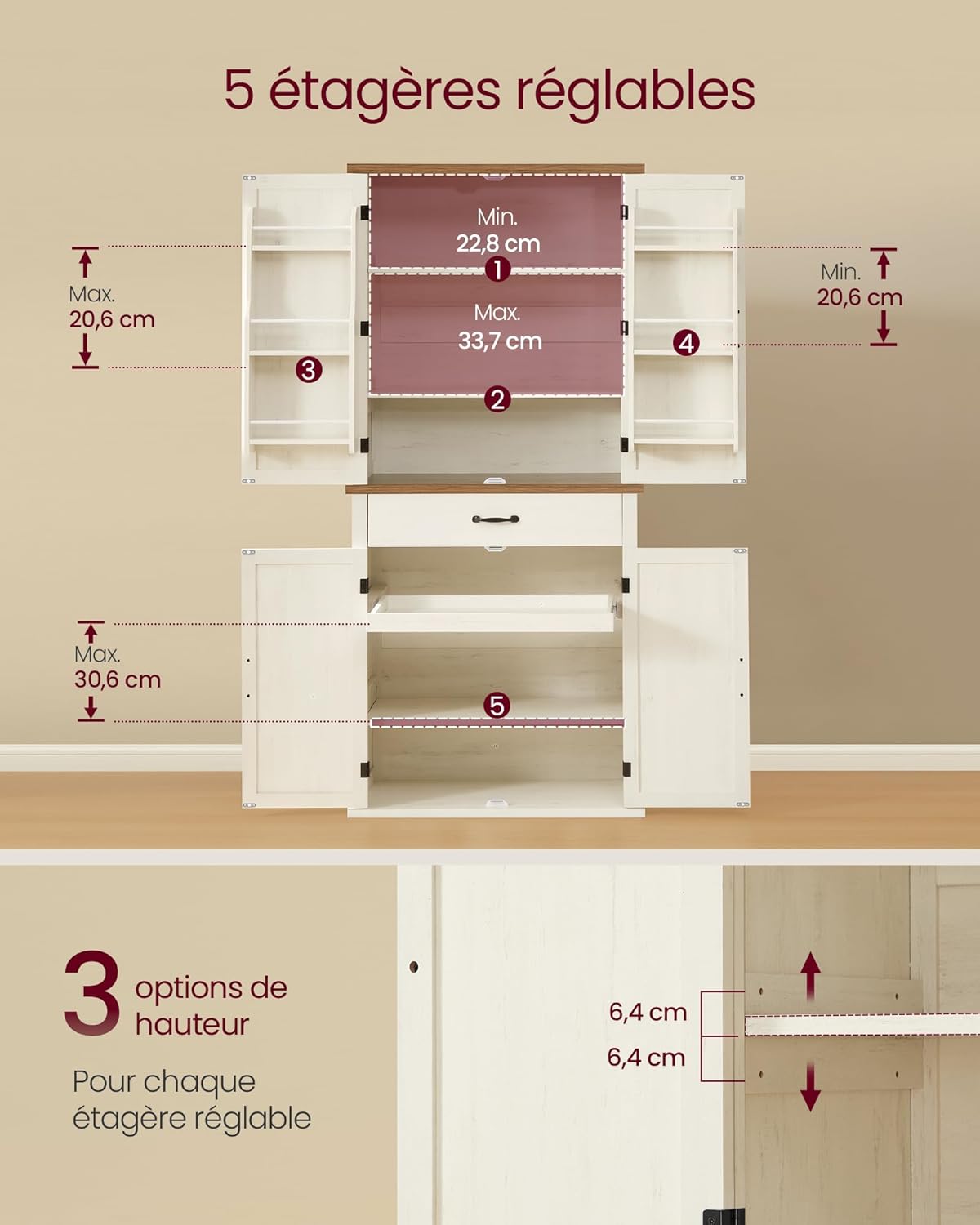 VASAGLE - Buffet haut, série rustique, 178,6 cm, tiroir, étagères réglables, BBK364W02