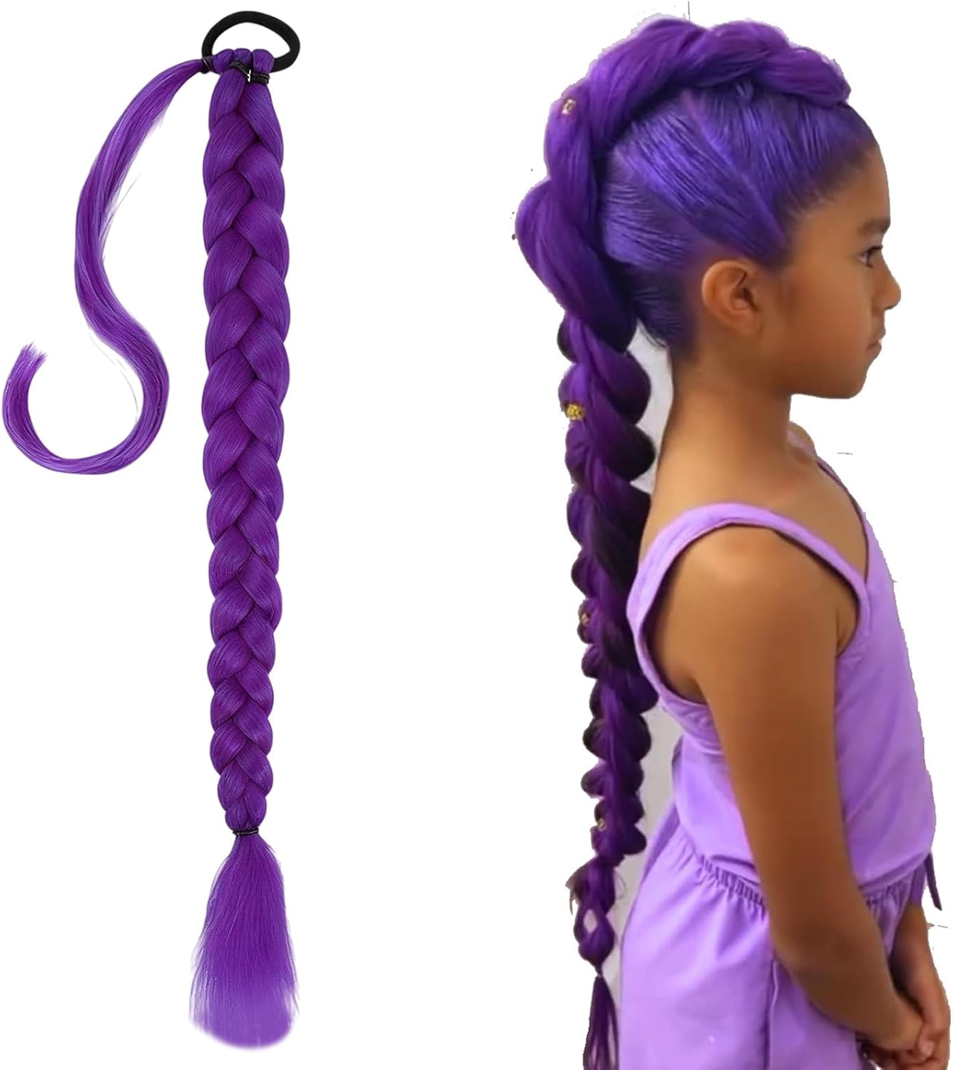 Extensions de cheveux - queue de cheval violette 24 pouces, pré-tressée, élastique, 100g, anneaux inclus