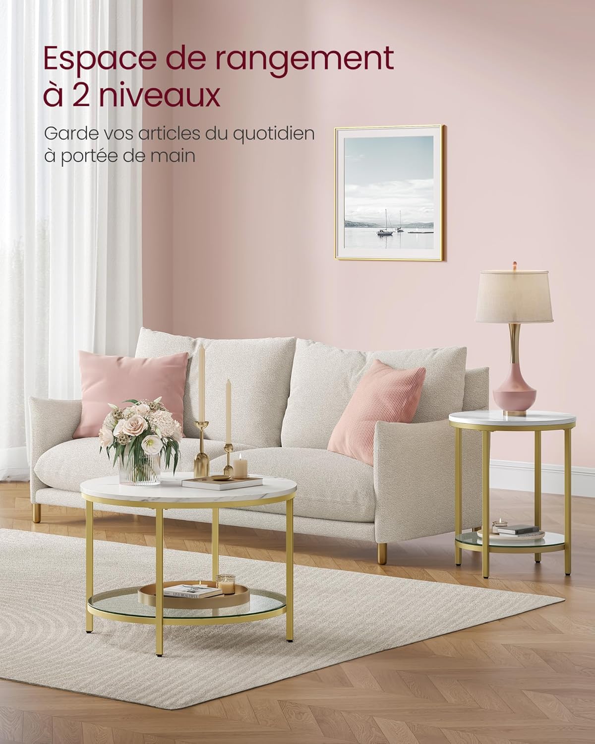 VASAGLE - Table basse moderne - marbre blanc verre trempé - LCT072W59