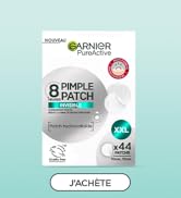 Le texte indique « GARNIER », « PIMPLE PATCH », « J'ACHÈTE ». Présentation du produit avec des patchs de soin de la peau sur fond vert menthe avec des photos de produits circulaires et des éléments d'interface.