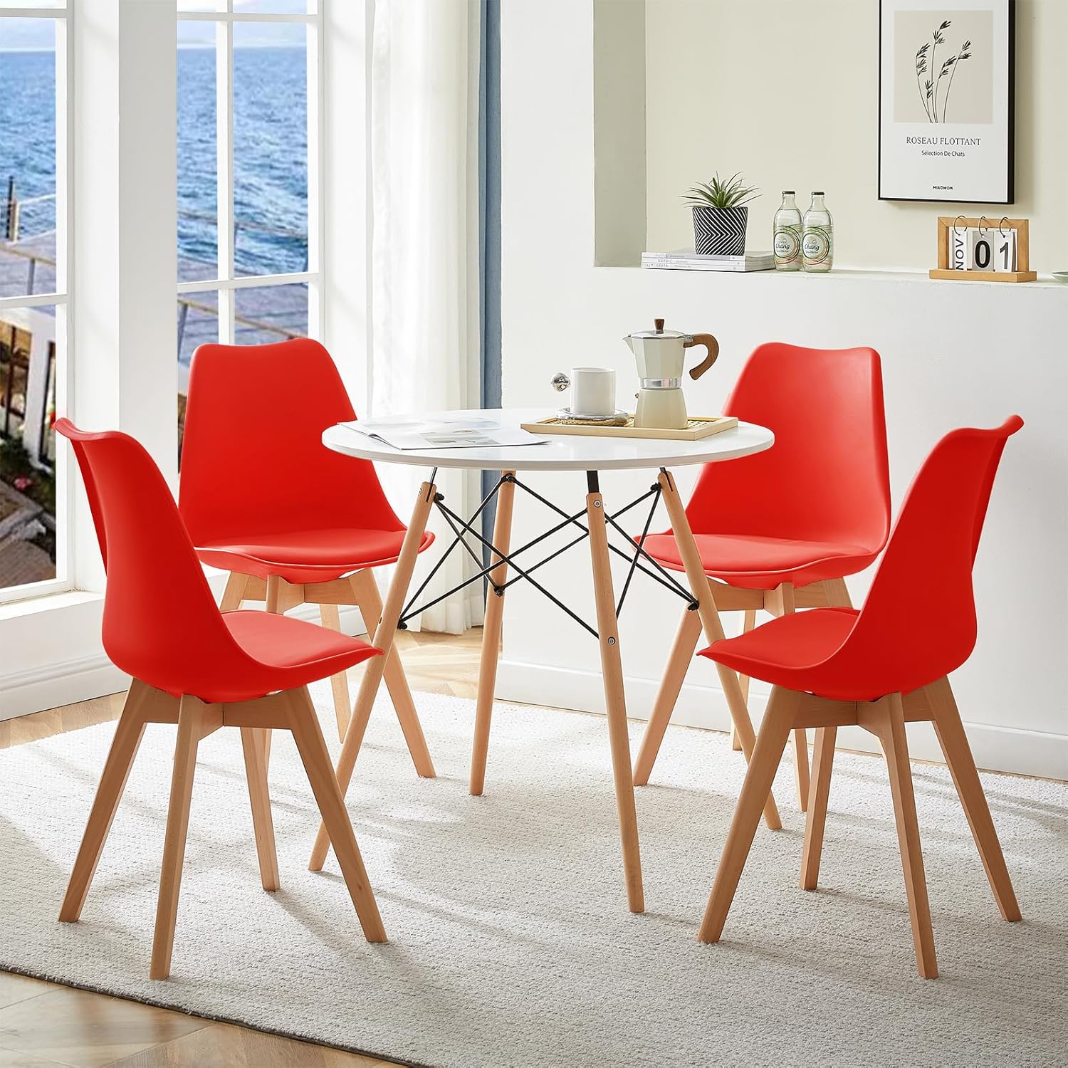 EGGREE - chaises scandinaves lot de 8 - bois hêtre, rouge, rembourrées