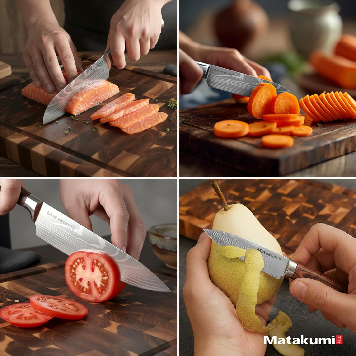 Matakumi - Set couteaux japonais damassé 4 pièces, acier carbone, manche ergonomique
