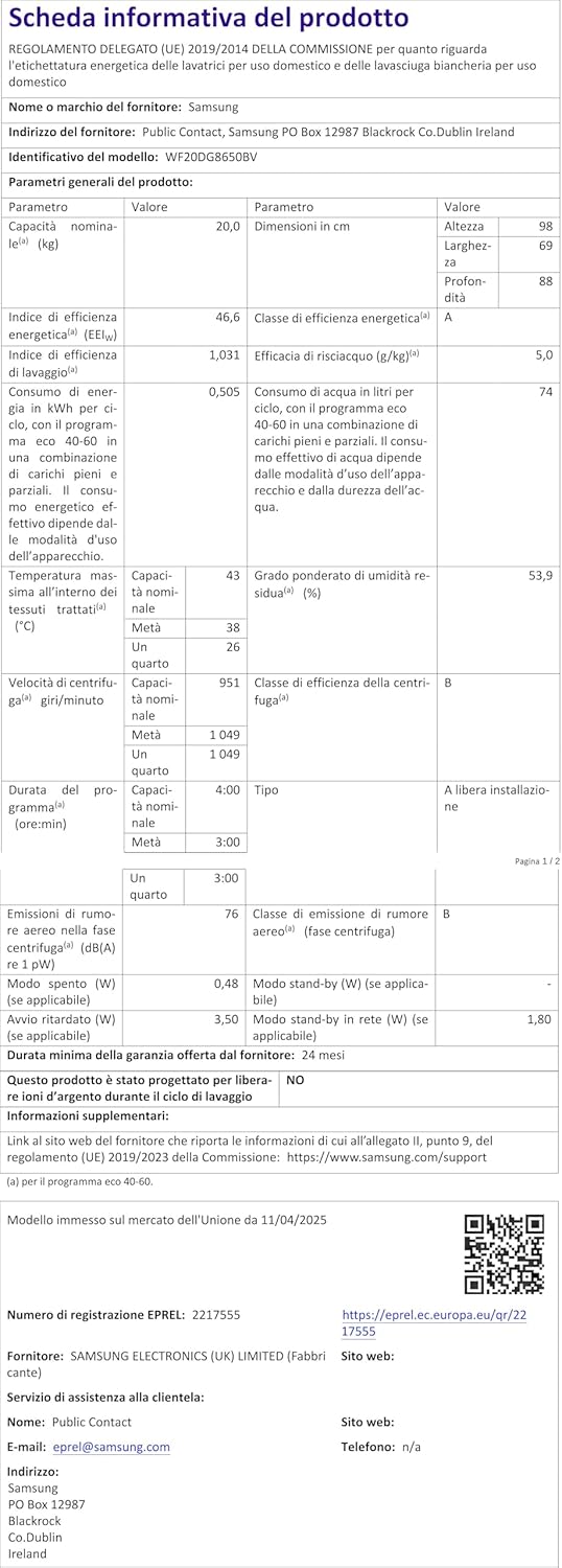 Samsung - lave-linge frontal série 8600 - grande capacité, EcoBubble - WF20DG8650BV