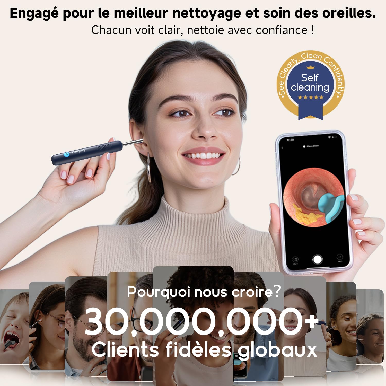 Otoscope - kit nettoyage oreille avec caméra HD, lumière LED, 4 outils