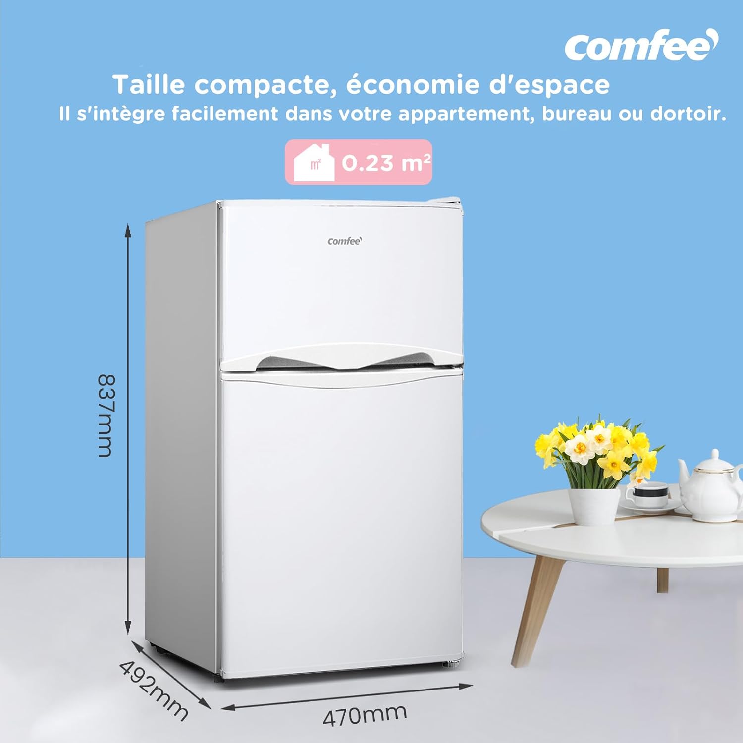 COMFEE' - réfrigérateur sous plan 87L - étagères amovibles, porte réversible, éclairage, thermostat réglable - RCT87WH2(