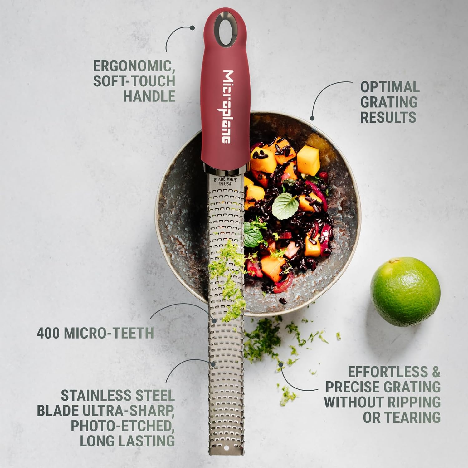 Microplane - Râpe à zesteur série fine - Rouge Grenade - Lame fine, idéale agrumes, parmesan, gingembre, chocolat - Fabr