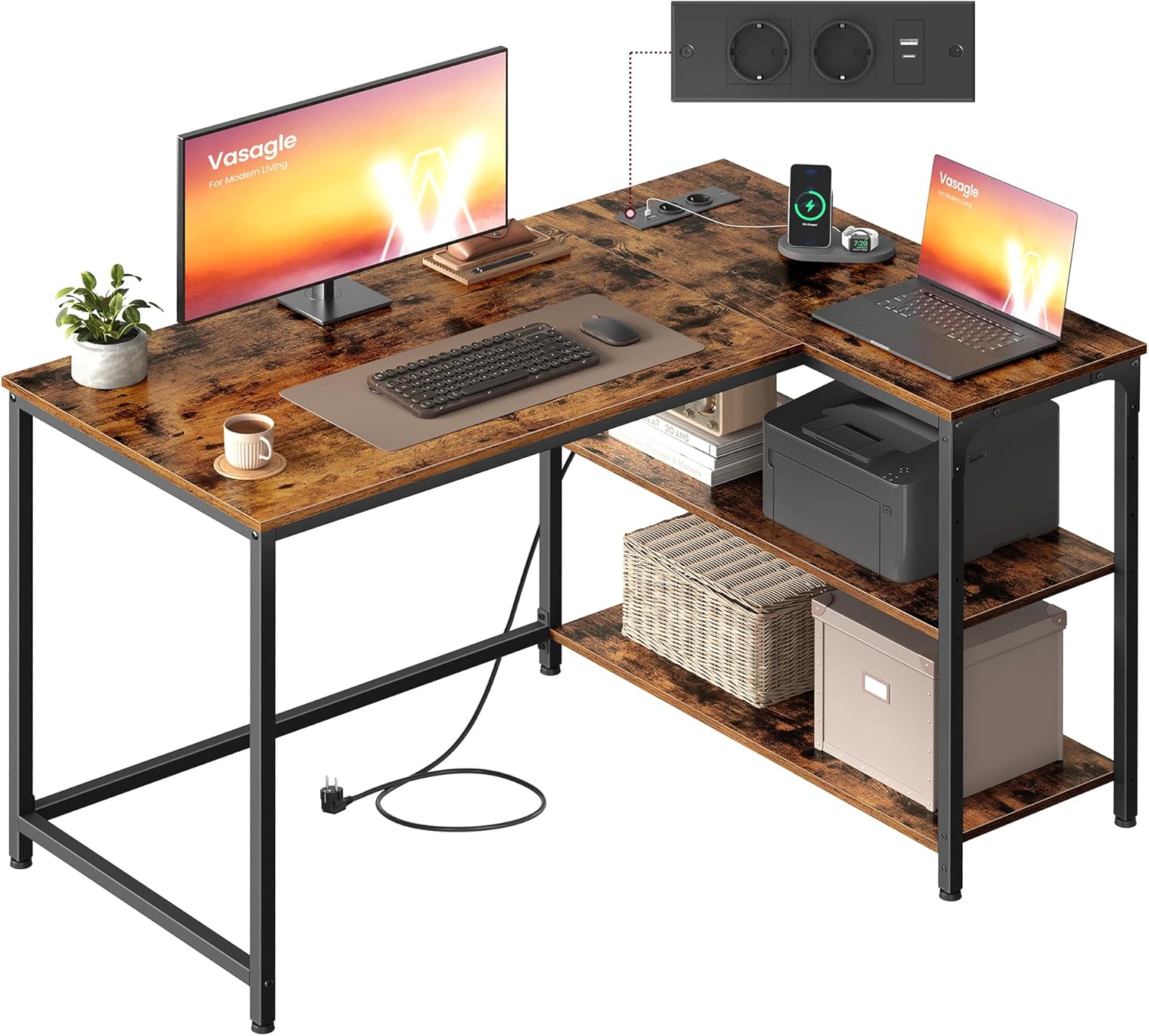 VASAGLE - Bureau en L, 110x80 cm, étagères réglables, ports USB, LWD131KD01