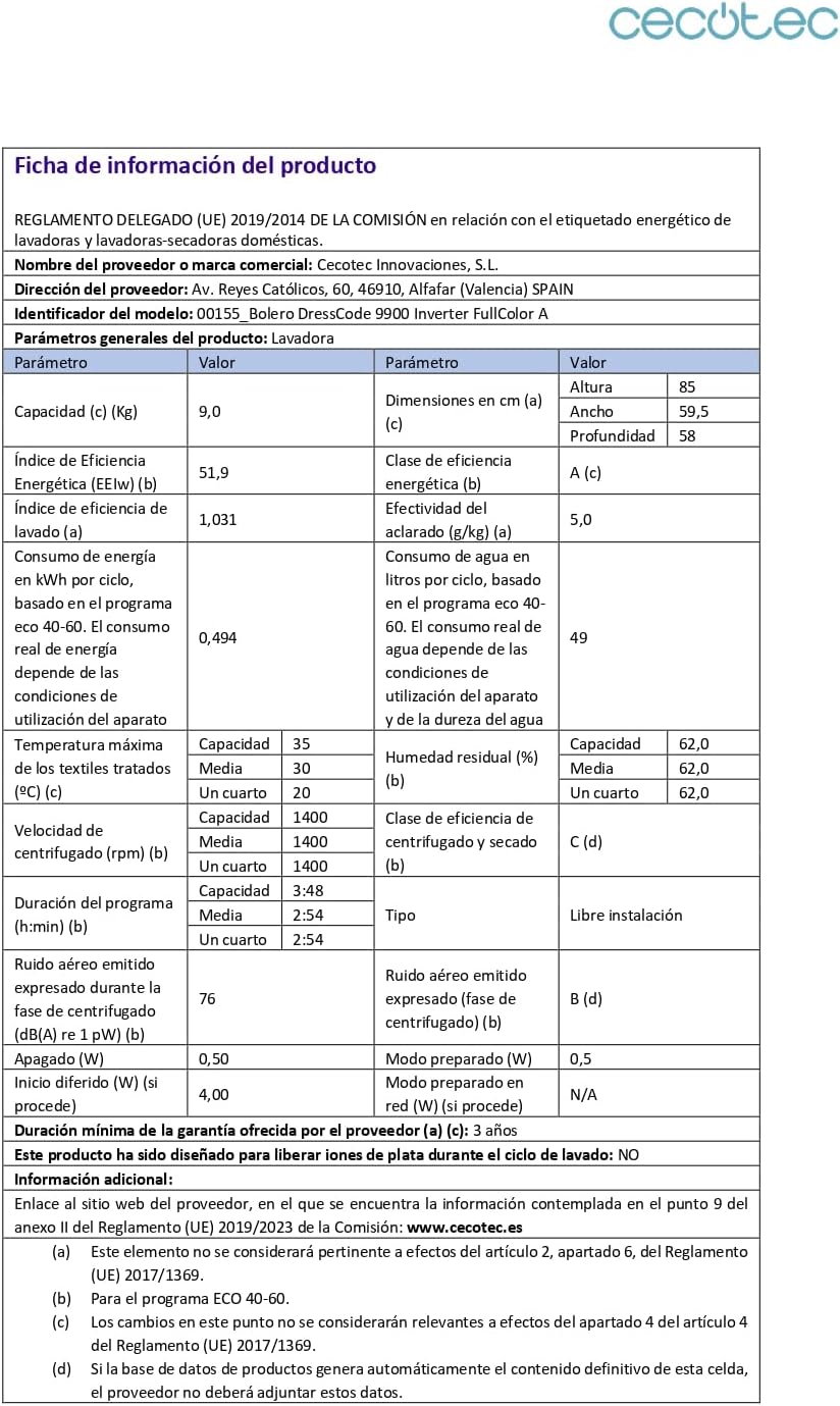 Cecotec - Bolero DressCode 9900 Inverter - 1400 tr/min, écran FullColor, 11 programmes, faible consommation - DressCode9