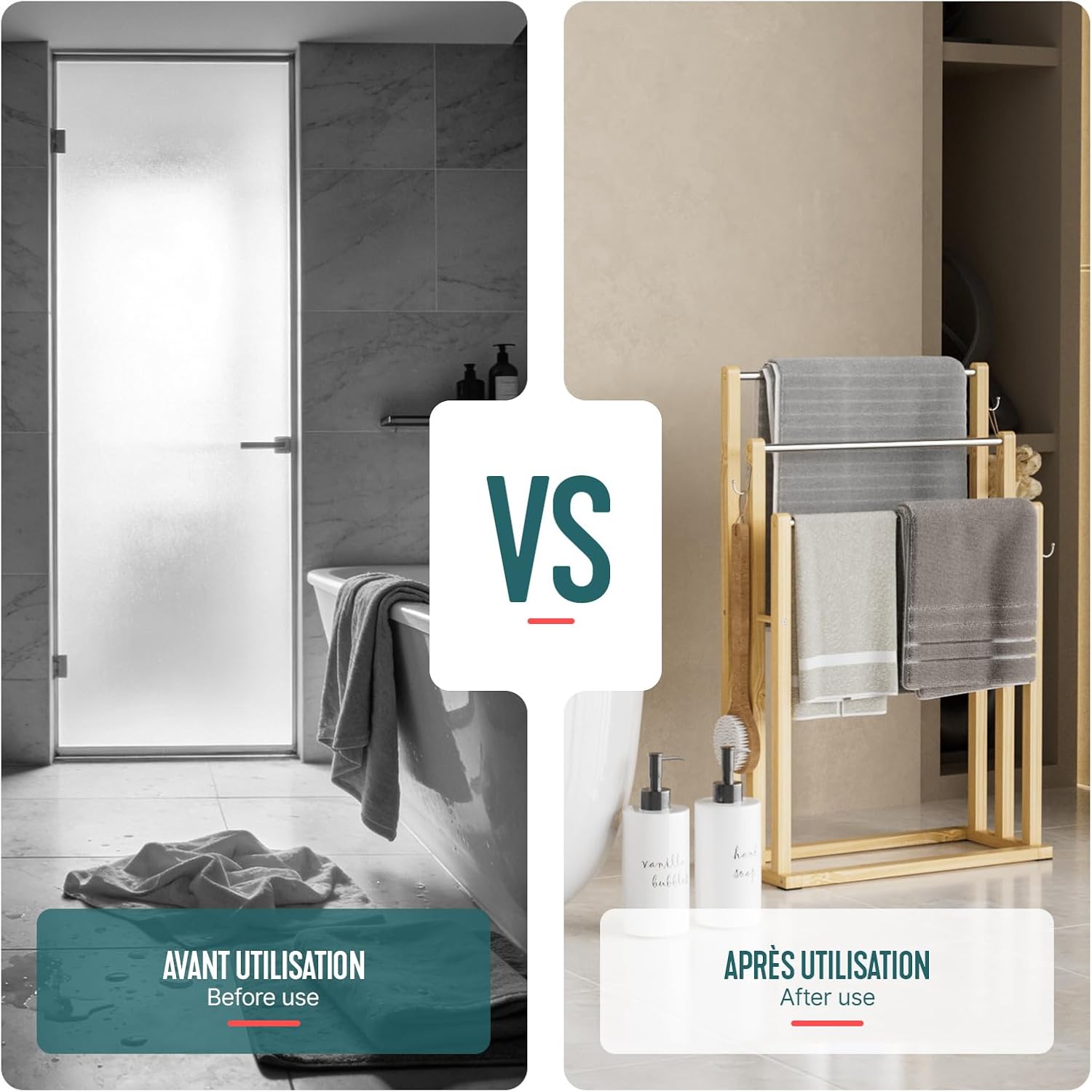 VOUNOT - porte-serviettes autoportant bambou 3 niveaux, crochets, stable