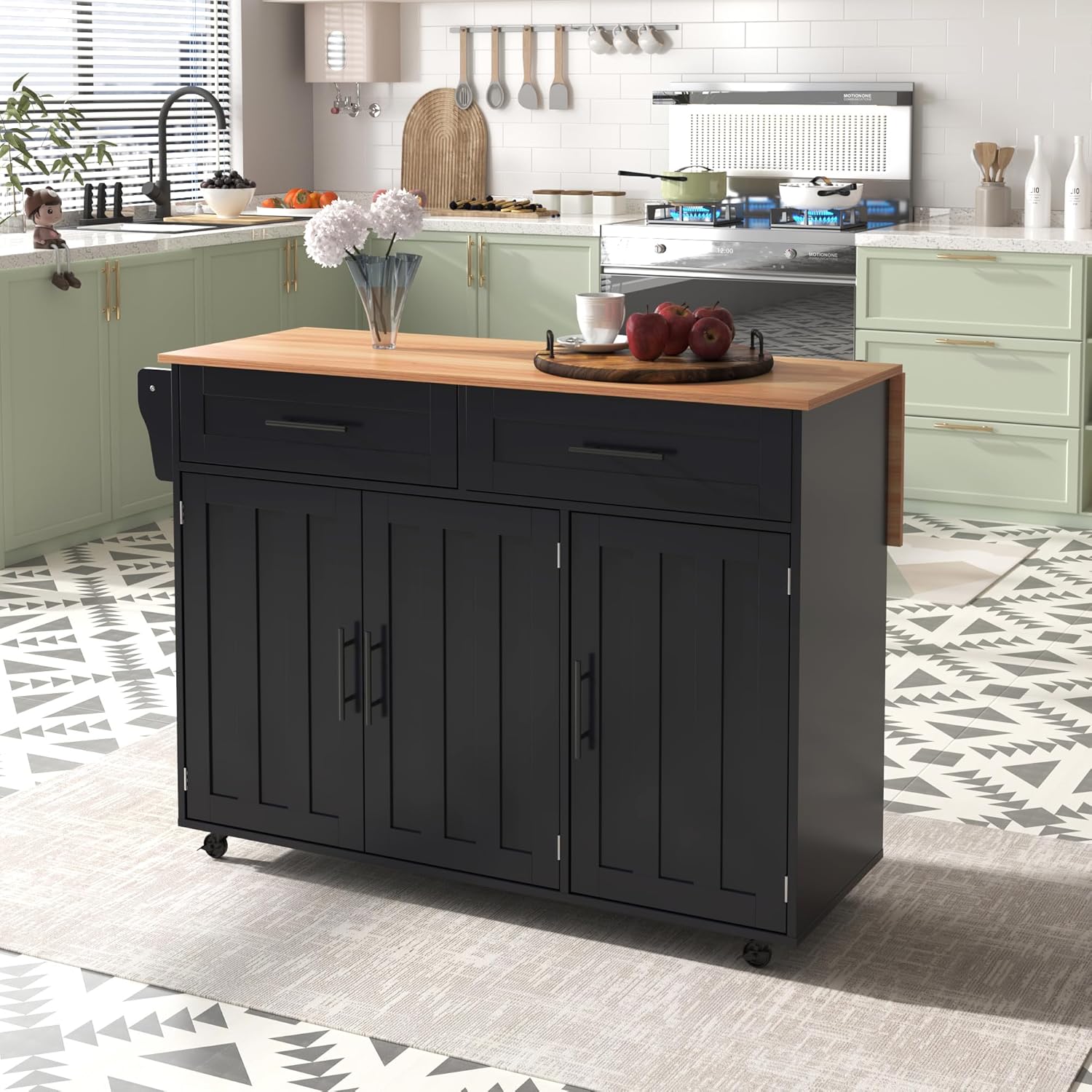 Desserte îlot cuisine - plan rabattable, rangements, roulettes - 129x71x91,5cm