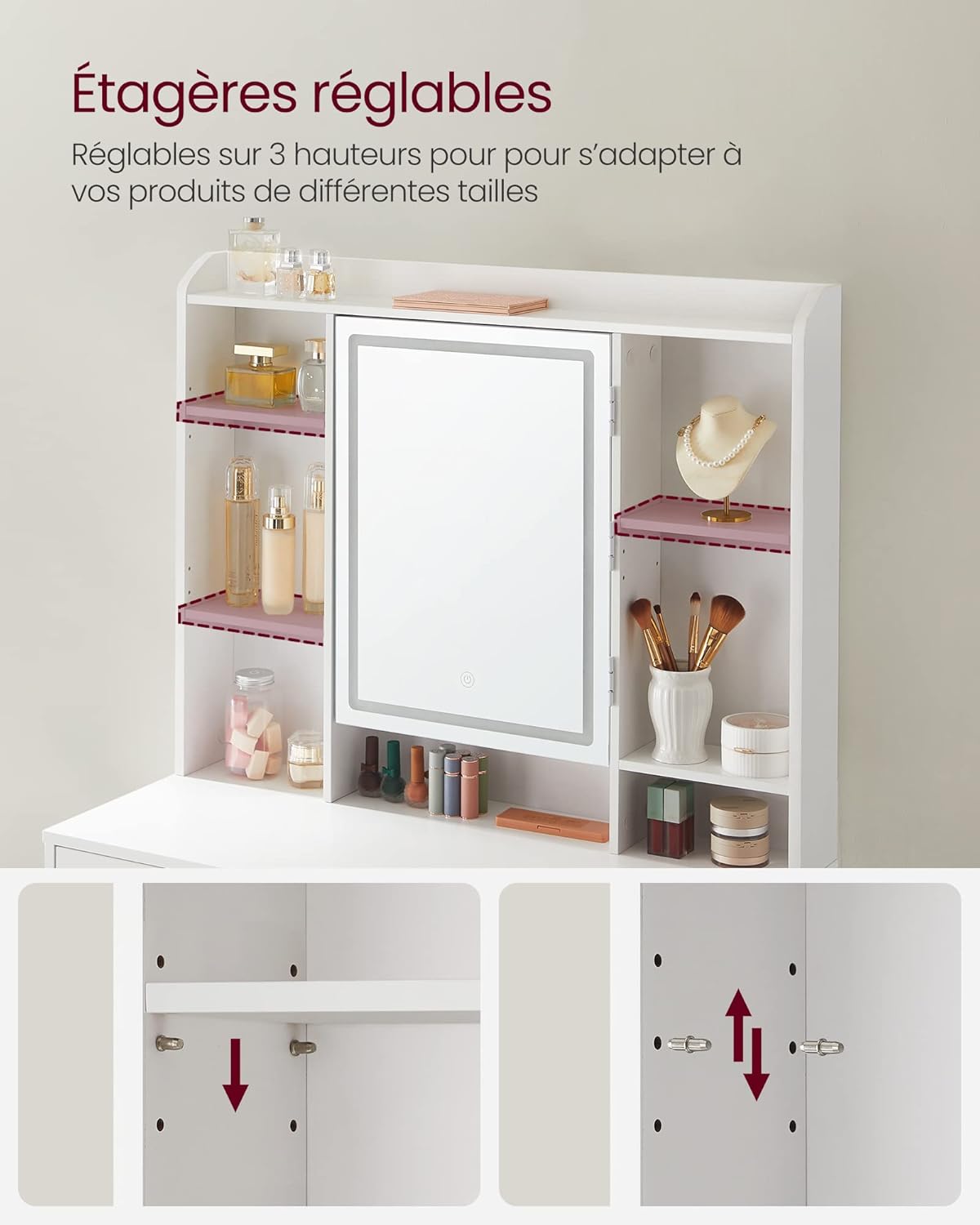 VASAGLE - Kailyn Collection coiffeuse LED, 3 couleurs, étagère réglable, 2 tiroirs, blanc, RDT123T14