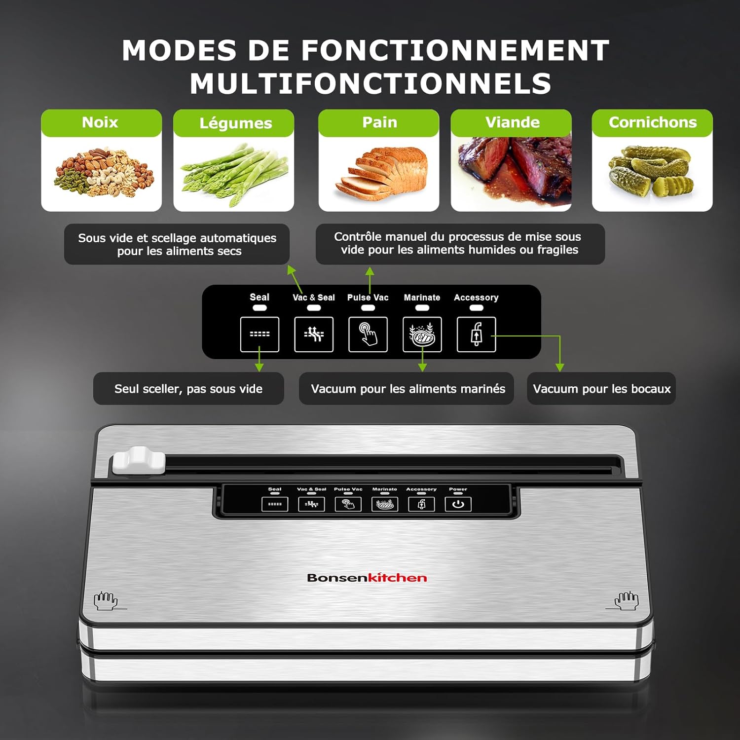 Bonsenkitchen - machine sous vide 8 L/min, 5 modes, sacs inclus