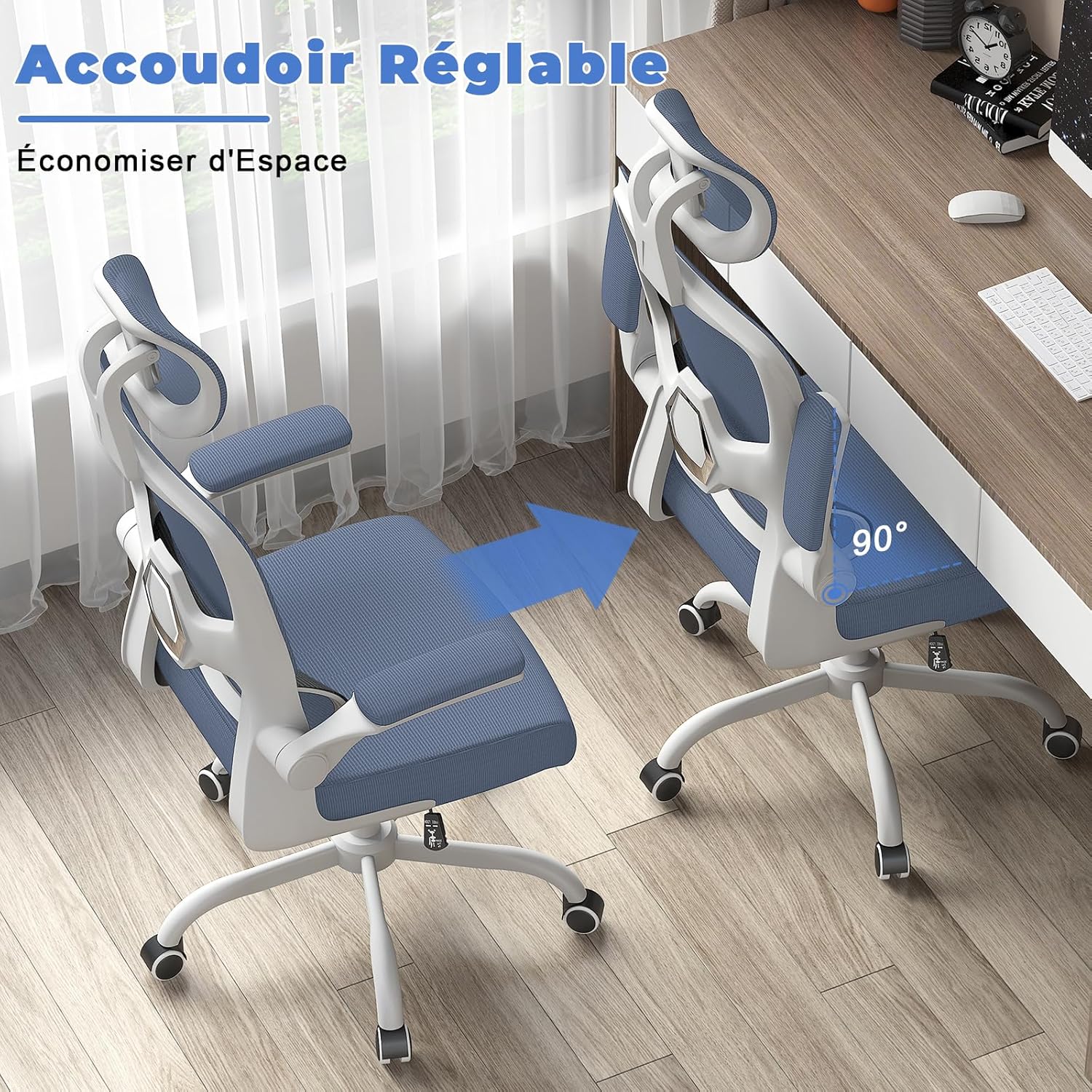 Chaise de bureau ergonomique - dossier/appui-tête réglables - support lombaire, accoudoirs réversibles, maille respirant