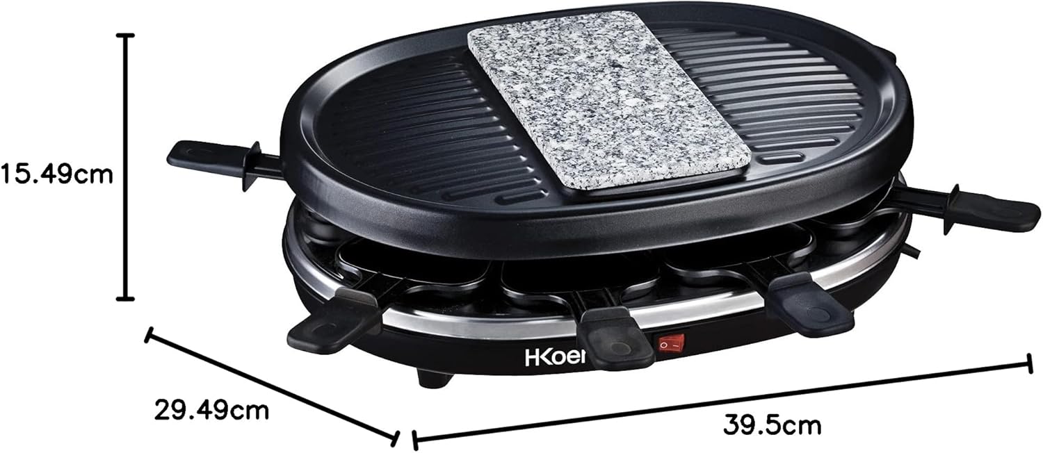 H.Koenig - raclette RP80 - 8 personnes - pierre granit, 8 poêlons antiadhésifs, plaque amovible