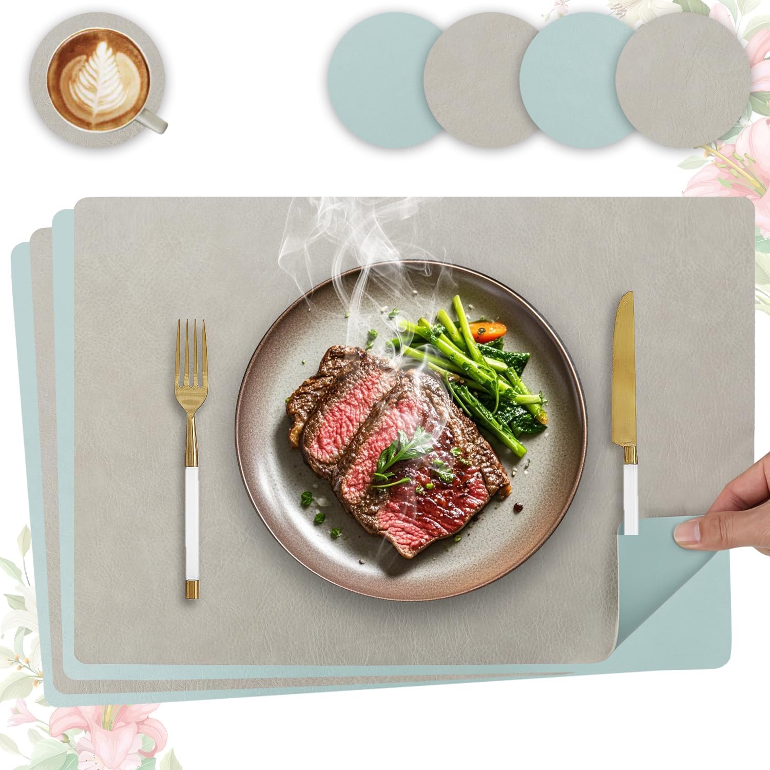 Set de table - lot de 4, cuir PU double face, 43x30cm, lavable, antidérapant