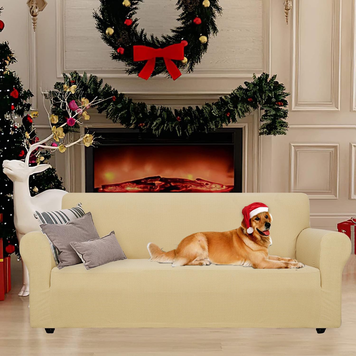 Housse de canapé 3 places - extensible, antidérapante, lavable, beige