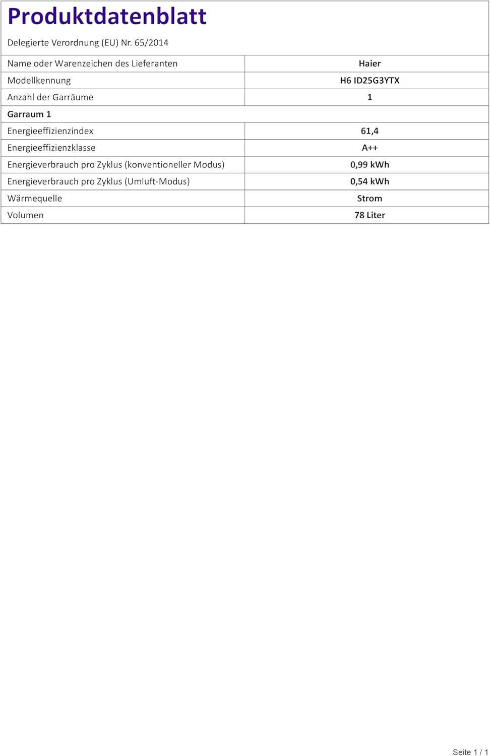 Haier - Série 2 H6 - niche 60 cm - Four pyrolyse, Wi-Fi, 20 fonctions, 78L, A++ - ID25G3YTX