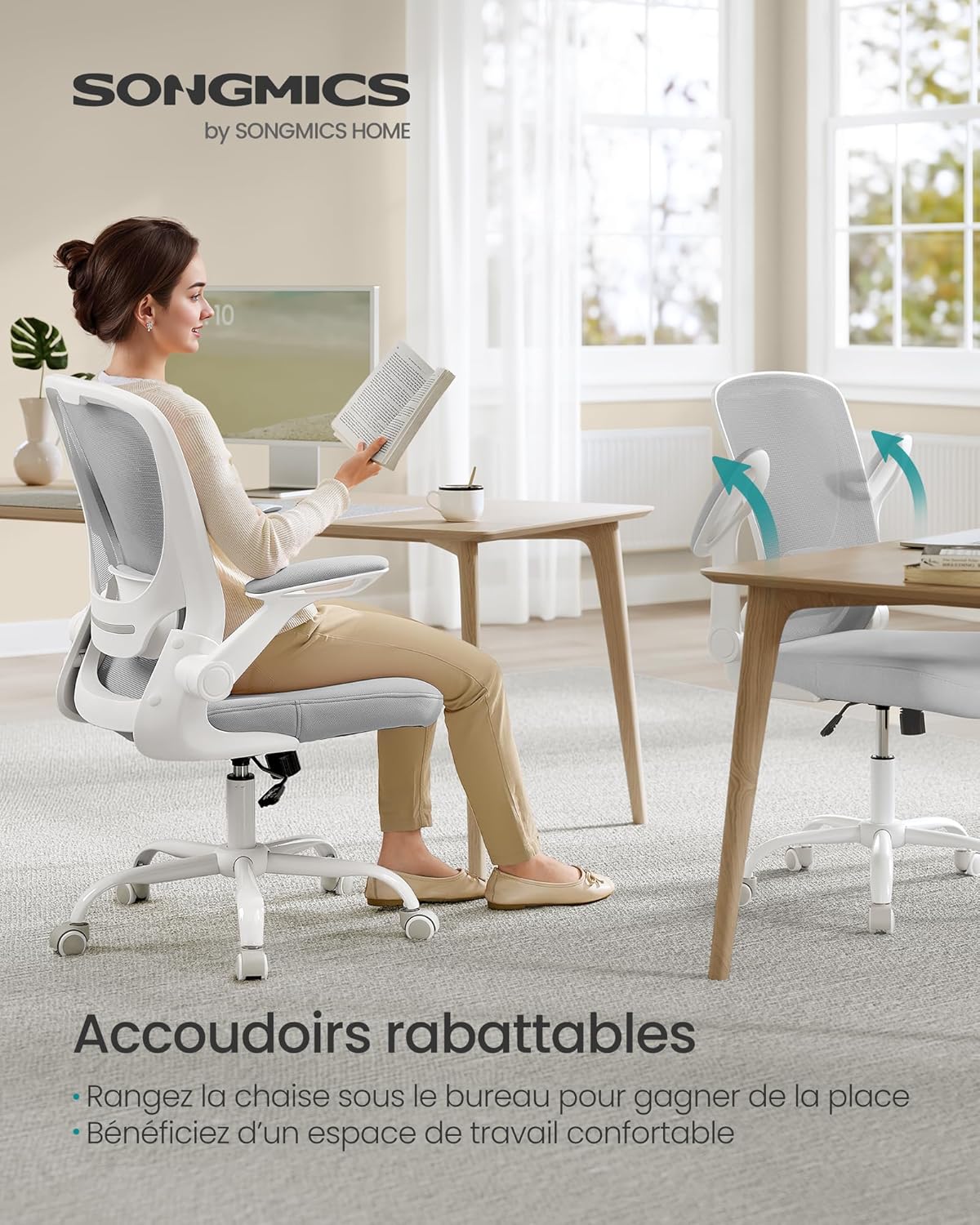 SONGMICS - chaise de bureau - 53 cm - ergonomique, accoudoirs rabattables, support lombaire, OBN037G02