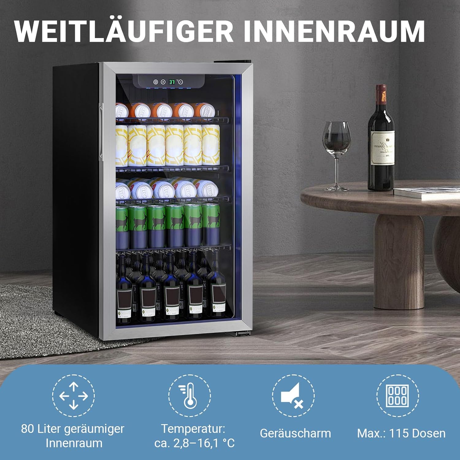 Mini-réfrigérateur - 80L - porte vitrée, 115 canettes, étagères réglables, affichage numérique