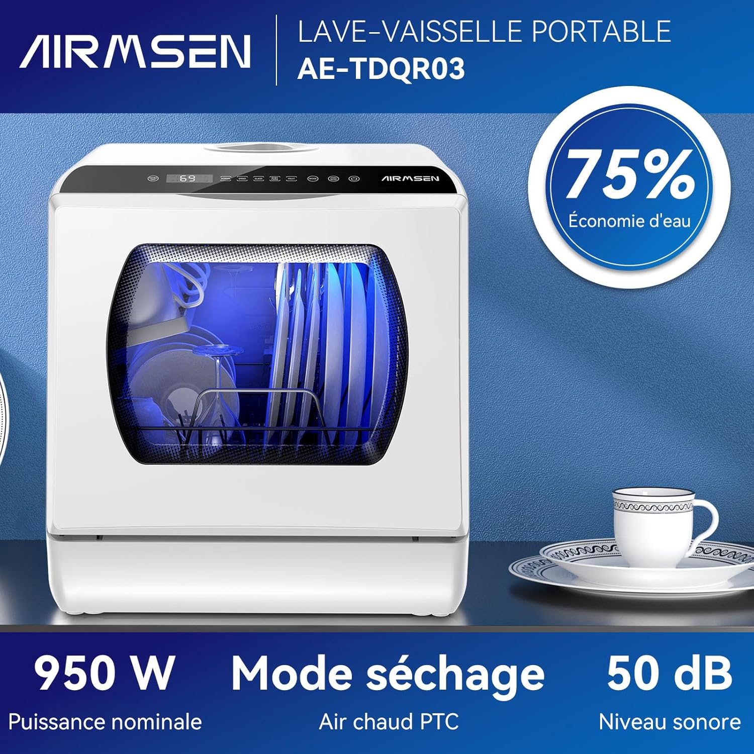 AIRMSEN - Mini lave-vaisselle de comptoir, 5L, écran LED, 5+1 programmes