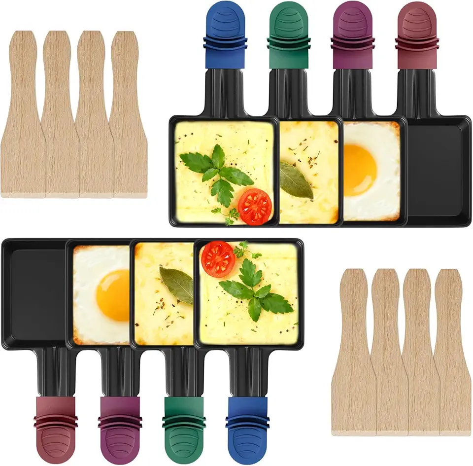 iPow - Lot de 8 poêlons raclettes carrés, revêtement antiadhésif, poignées isolées, 8 grattoirs bois