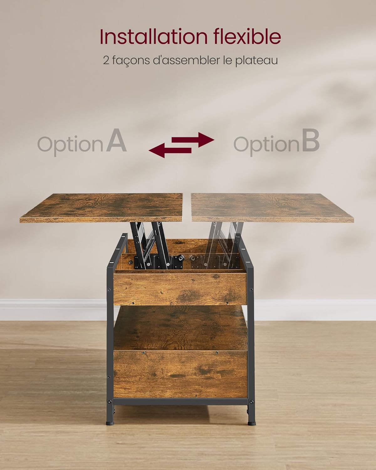 VASAGLE - table basse série LCT252K01 - 50x120cm - plateau relevable, tiroirs, compartiment caché