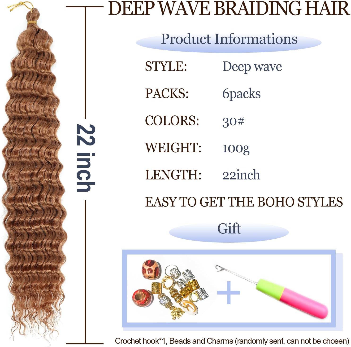 Extensions cheveux - Deep Wave, 22 pouces, lot de 6, bouclés synthétiques