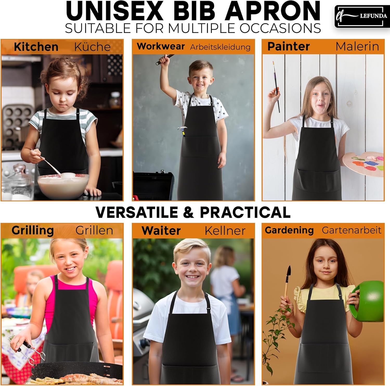 LEFUNDA - tablier cuisine réglable étanche 3 poches, longues lanières