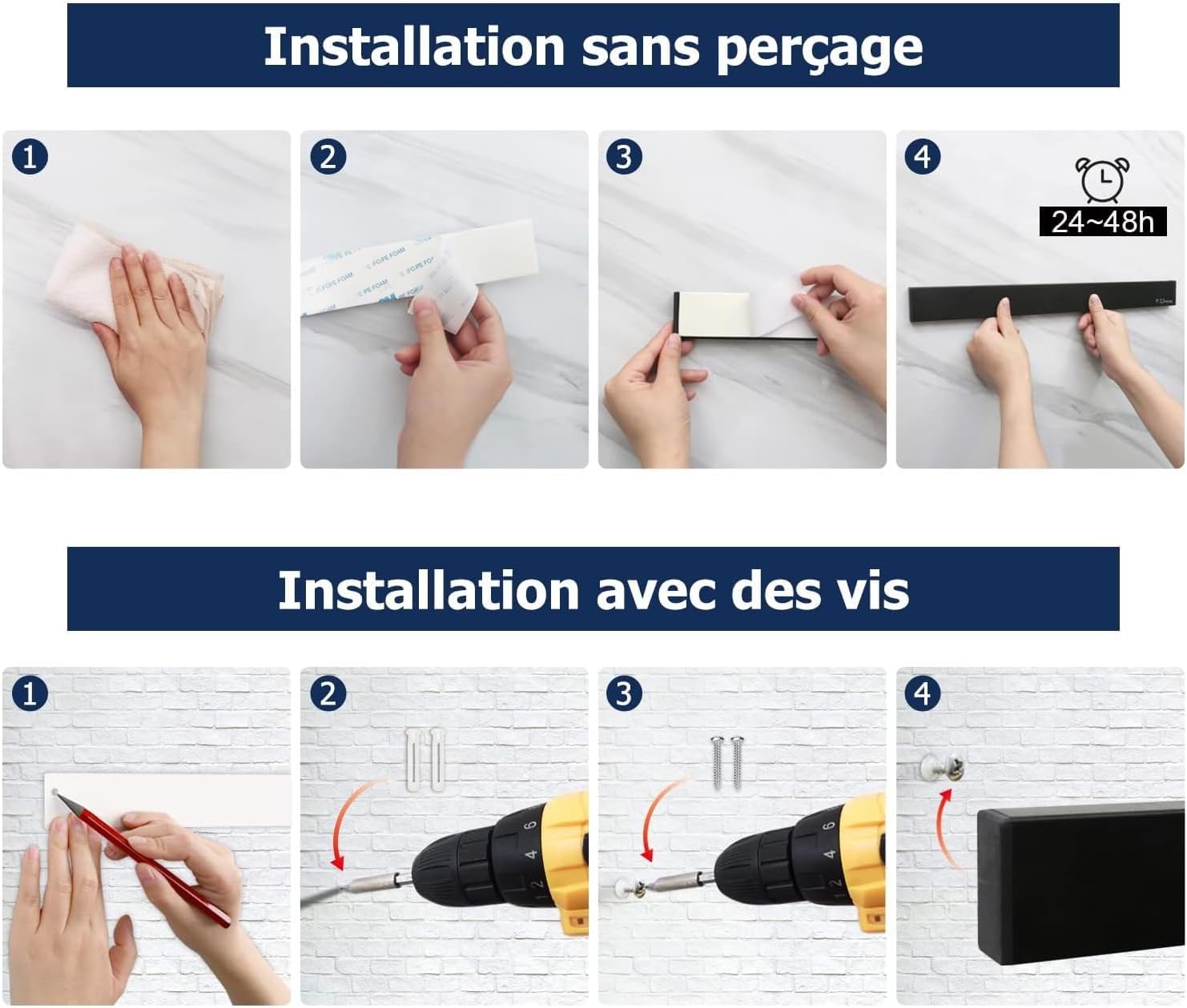 Dmore - porte couteaux aimanté, 40cm, 3 crochets, fixation adhésive