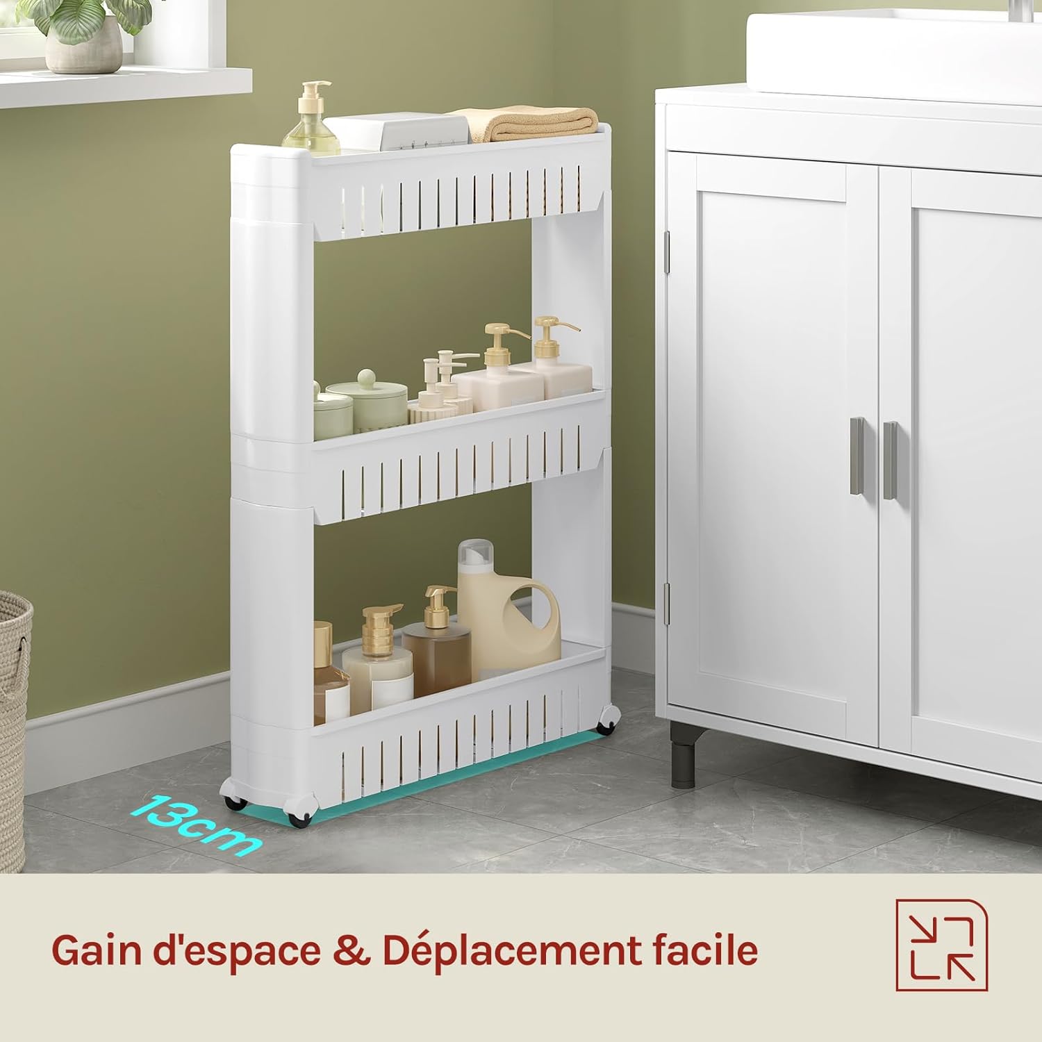 WOLTU - étagère de niche roulante 3 compartiments, blanc, compacte