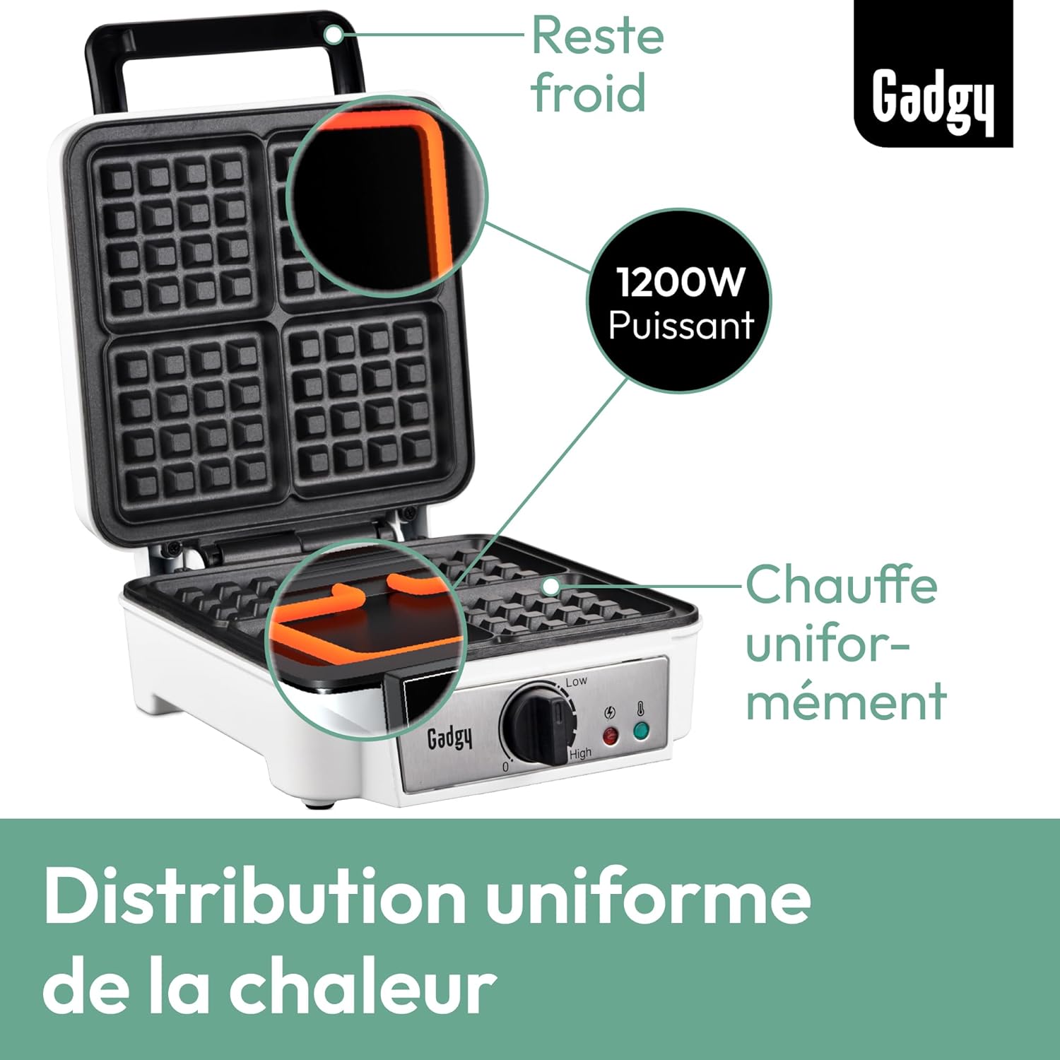 Gadgy - Gaufrier Professionnel - 4 gaufres, 1200W, thermostat réglable, compact et facile à nettoyer