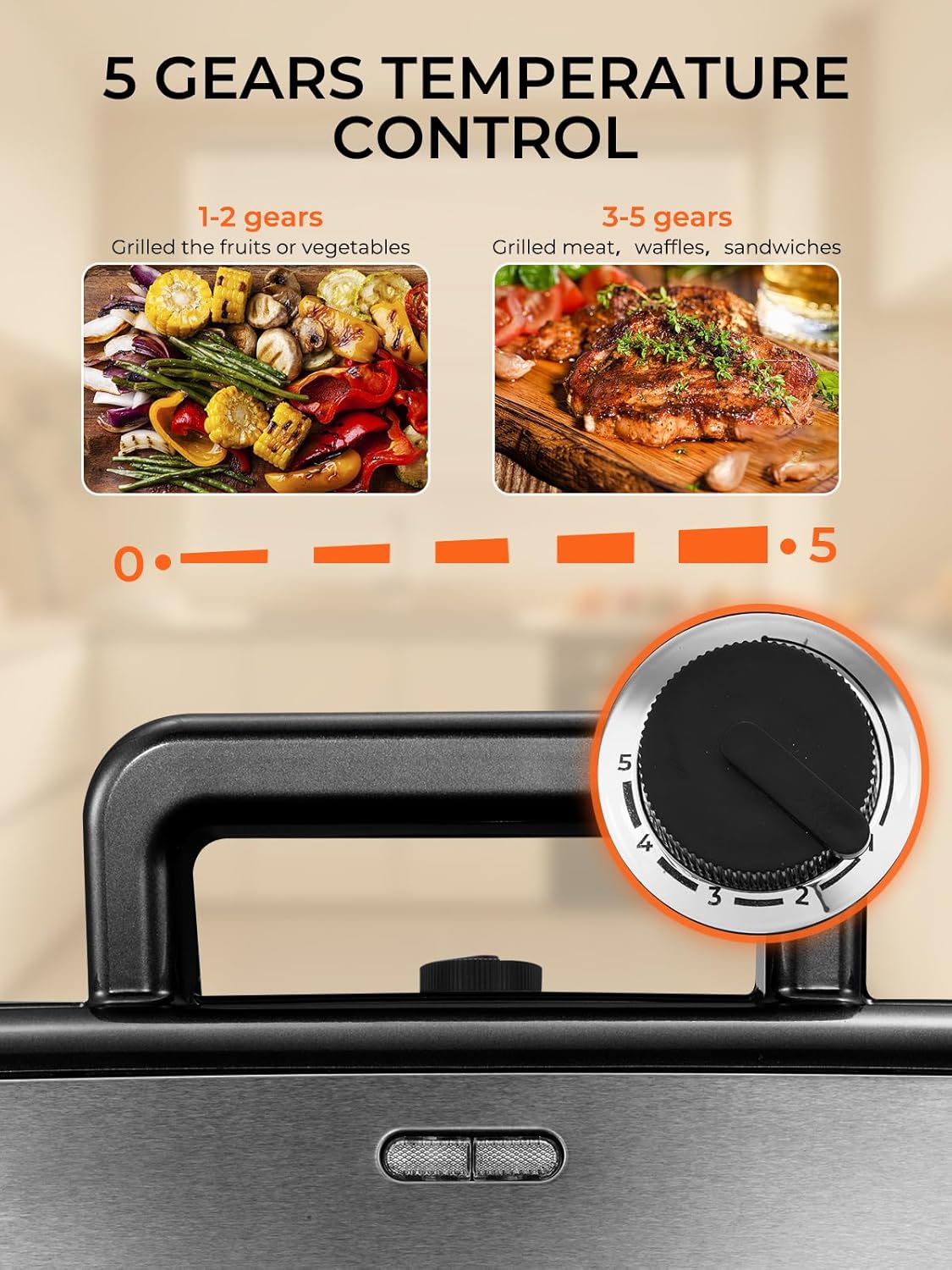 Gaufrier multifonction - 1200W, 5 vitesses, plaques amovibles, chauffe rapide, rangement vertical, noir