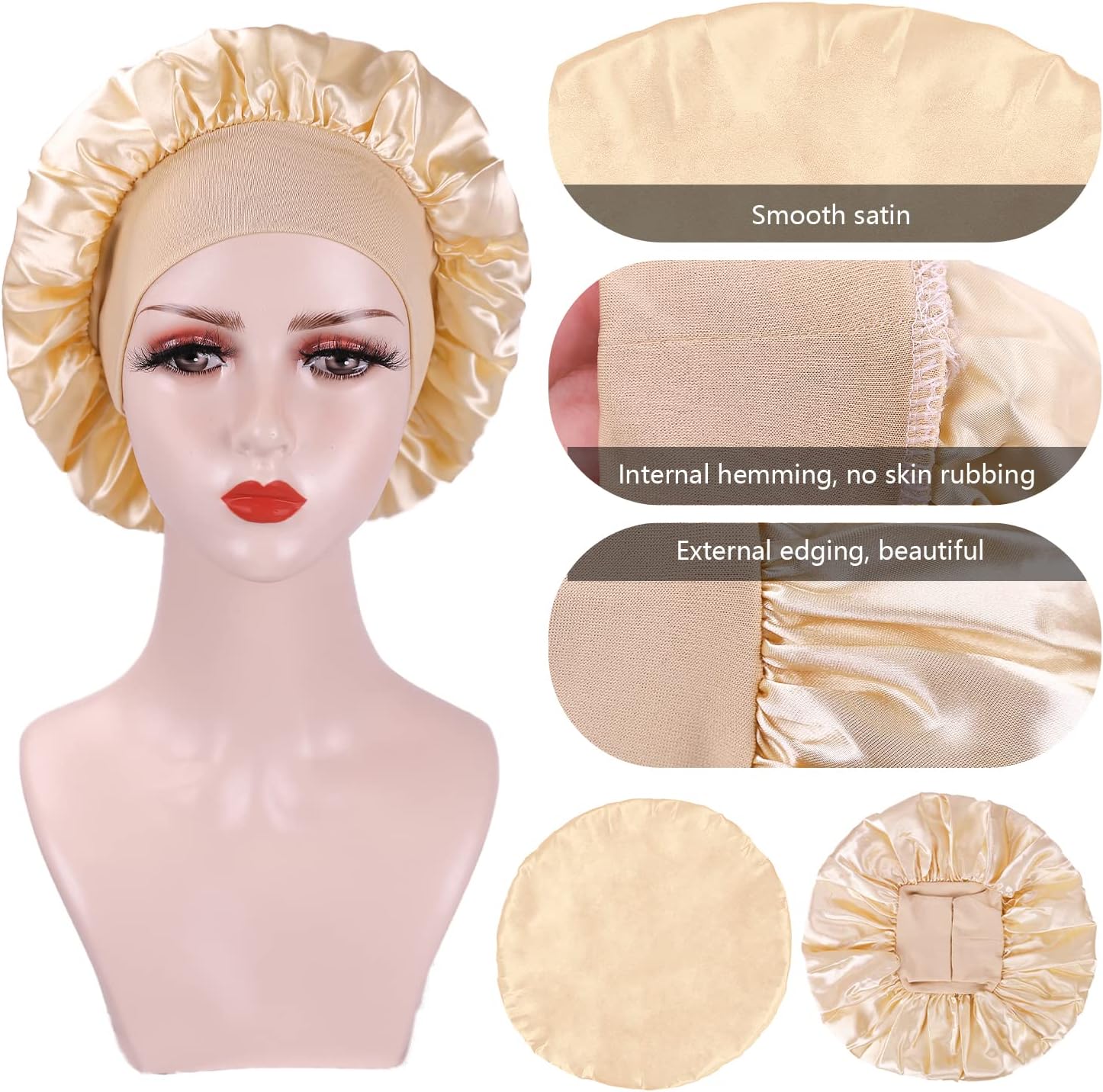 Bonnet satin femme - lot de 2 - protection nuit cheveux, réglable