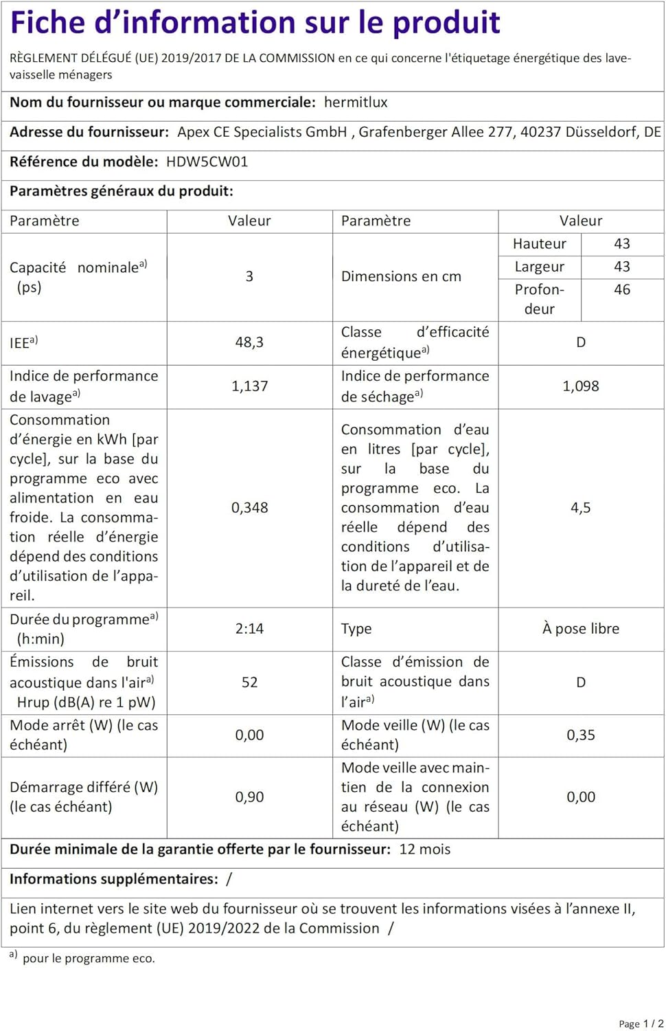 Hermitlux - mini lave-vaisselle 5 couverts, 7+3 programmes, réservoir 5L