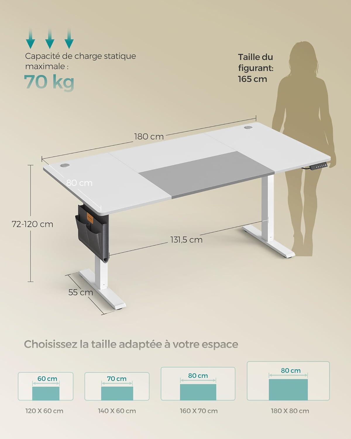 SONGMICS - Bureau électrique série assis-debout - 180x80 cm - Réglable, mémoire 4 hauteurs, USB-C, blanc/gris - LSD028WZ