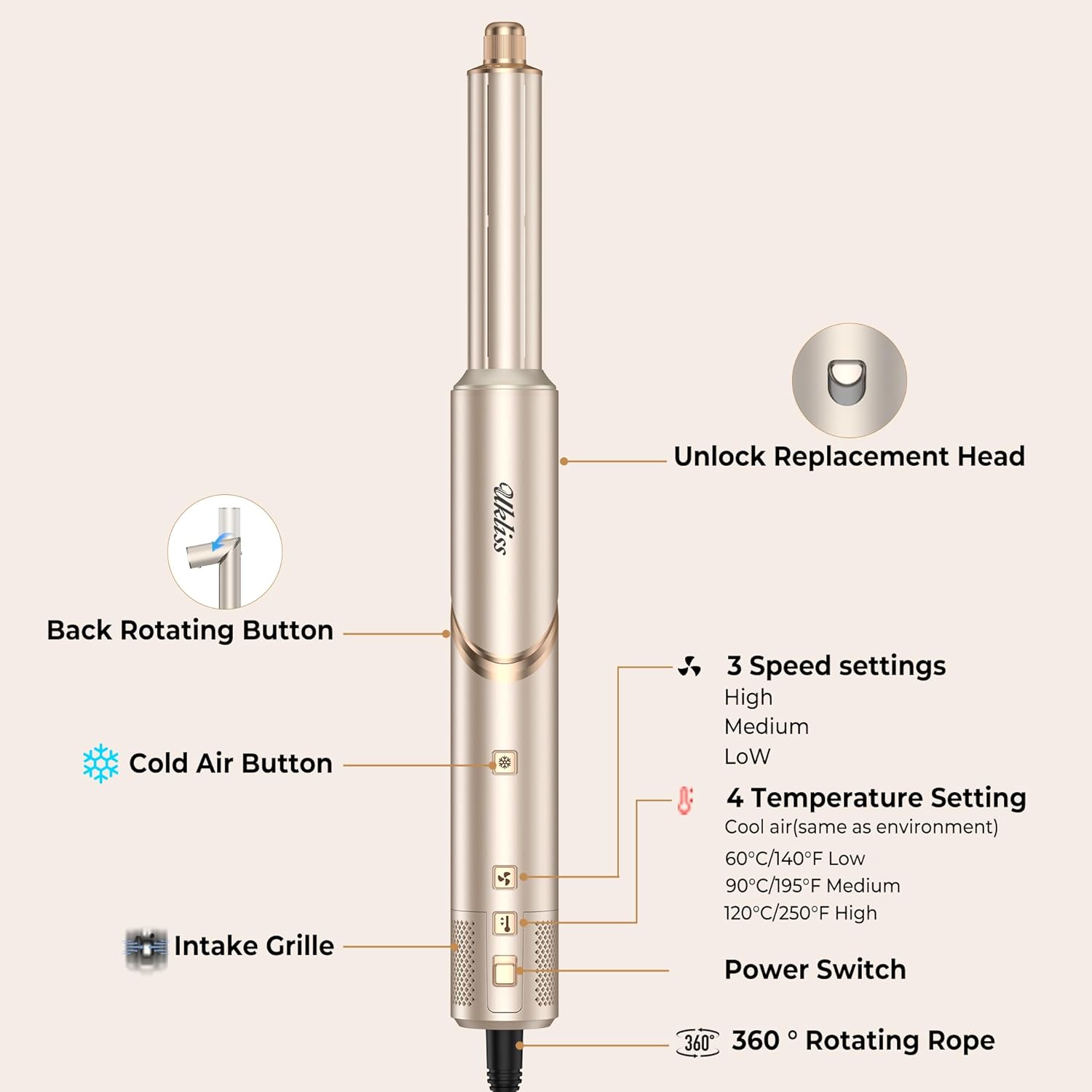 UKLISS - Pro 8 en 1 - Brosse soufflante, ionique, boucle 32mm, 110K RPM, compacte