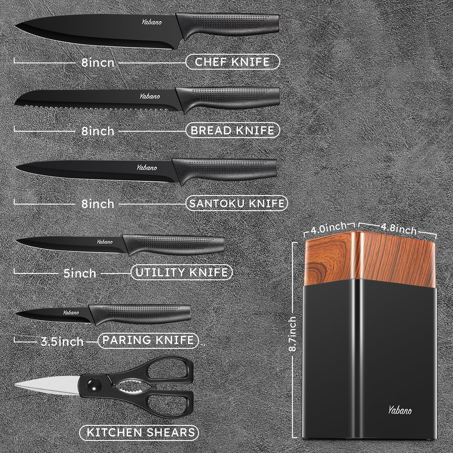 Yabano - Set 7 pièces bloc plastique, inox tranchant, anti-rouille