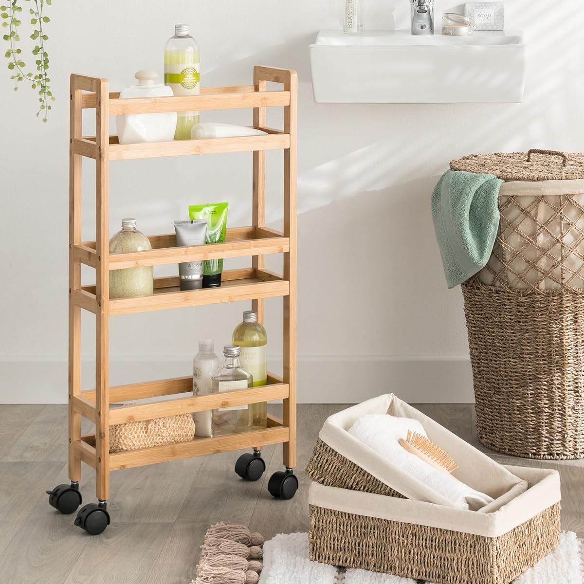 5five - desserte 3 niveaux roulante bambou, format étroit, 58x22x64cm