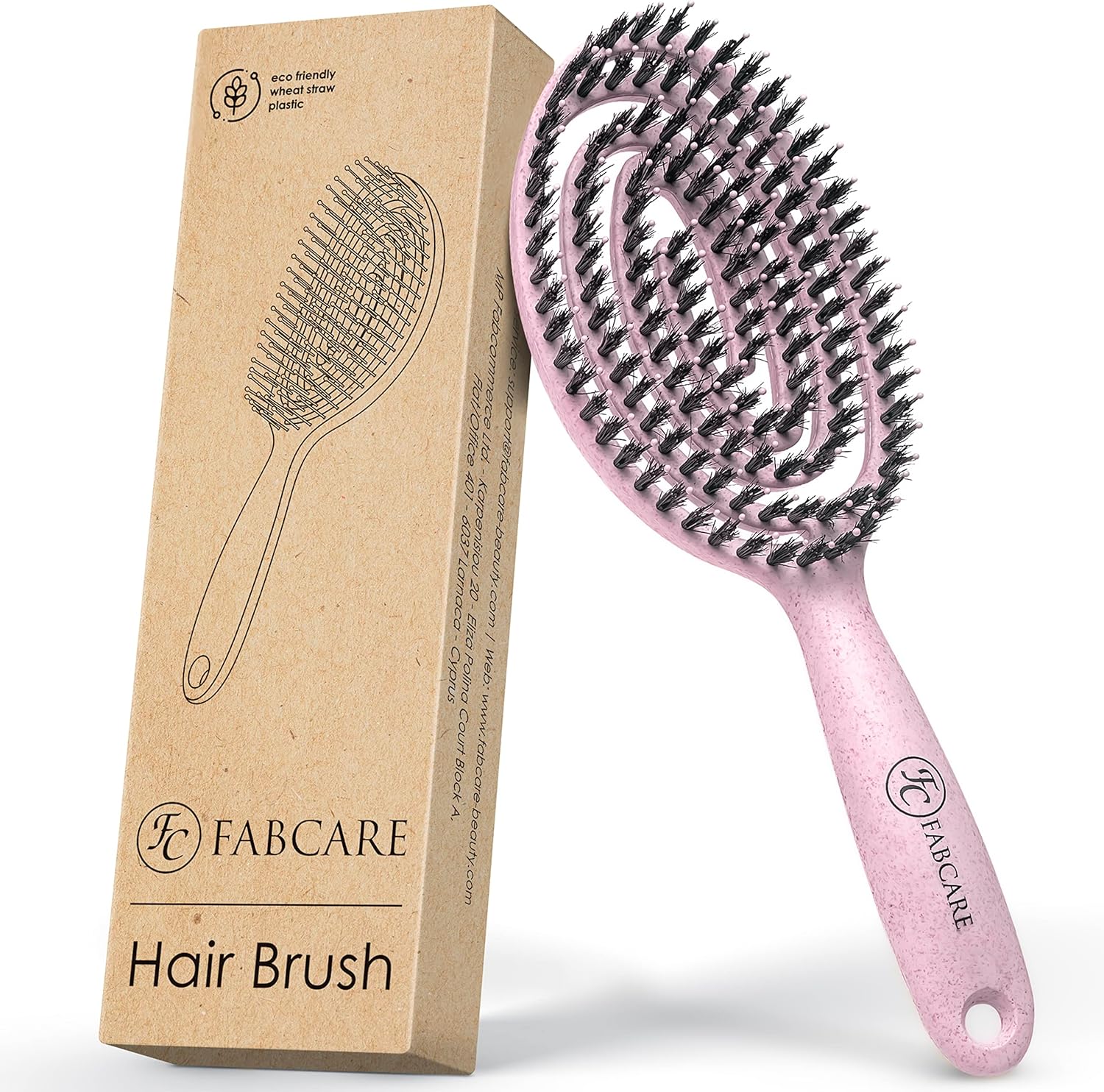 FABCARE - Brosse cheveux série innovante - poils sanglier, double ressort, styling sans douleur - Rose