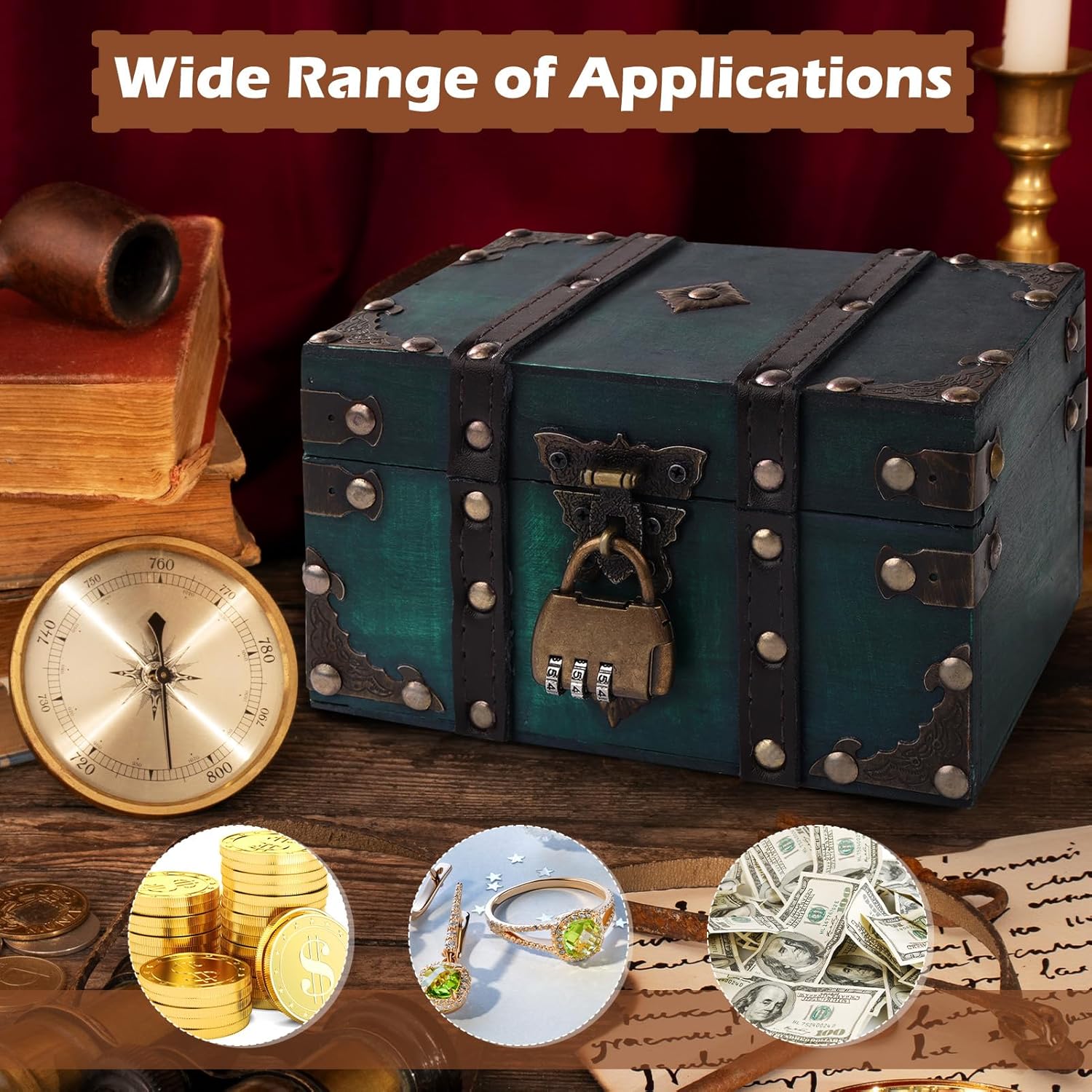 Coffre à trésor en bois vert - cadenas pirate, tiroir à bijoux, tirelire enfant, décoration - avec couvercle