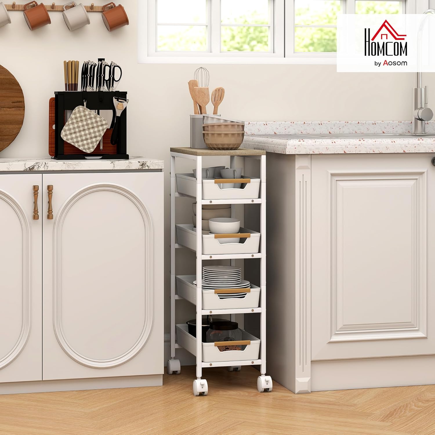 HOMCOM - desserte cuisine 5 niveaux - 4 tiroirs, roulettes, blanc