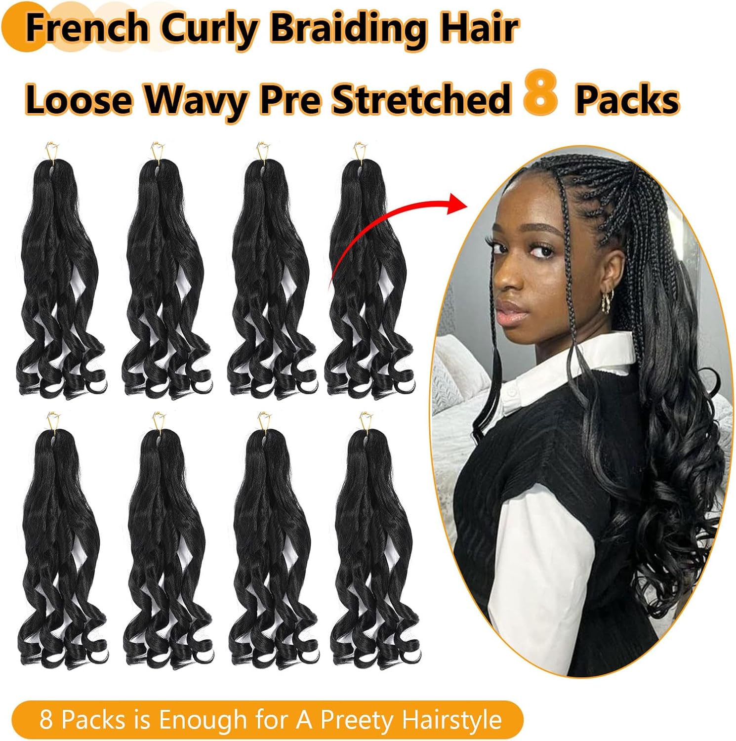 Mèches tresses africaines - French Curl - 22 pouces - 8 packs, boucles volumineuses