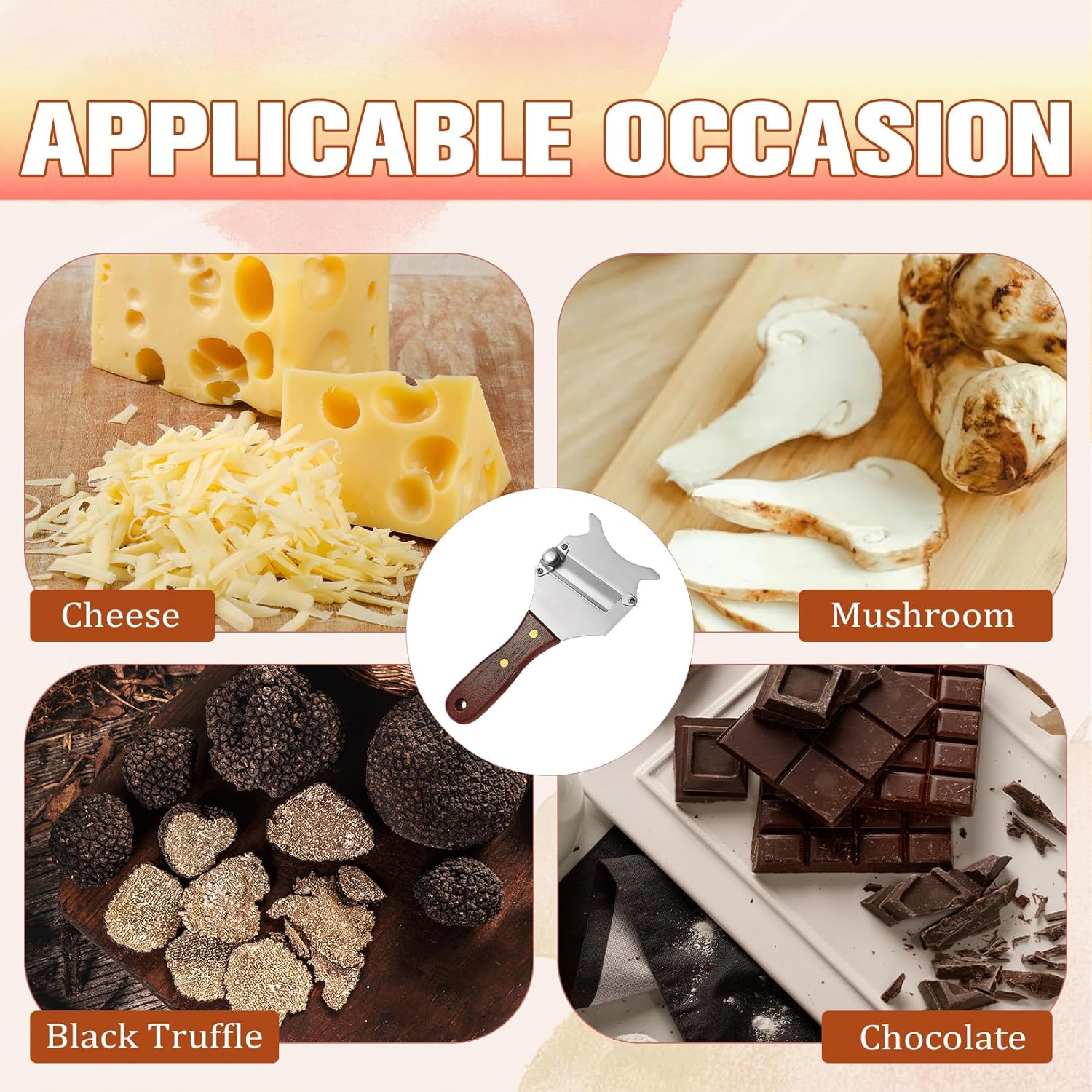 Trancheur de truffes inox poignée bois, réglable, trou suspendu, lame professionnelle