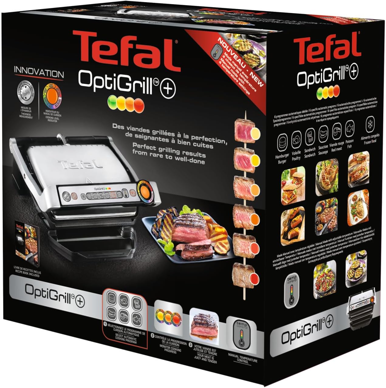 Tefal - Optigrill+ série - 4 personnes, 6 programmes, mode manuel, GC712D12