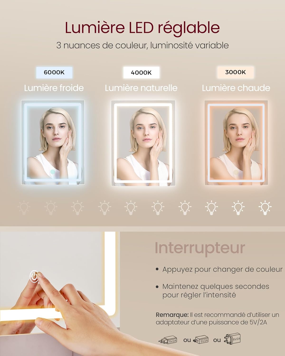 VASAGLE - Kailyn Collection - grande coiffeuse blanche, miroir LED, 2 tiroirs, étagère réglable, RDT123WB01