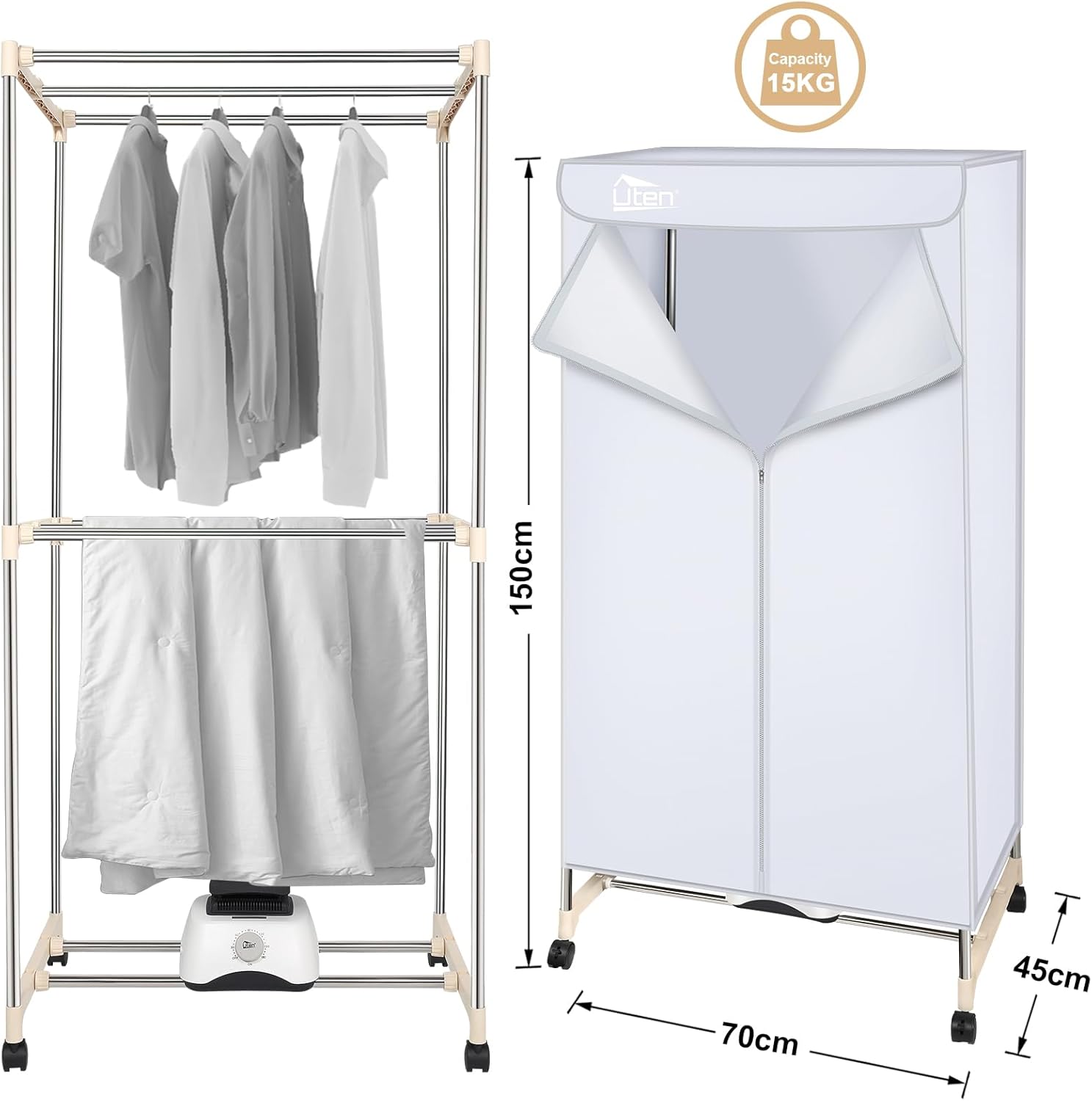 Séchoir électrique portable - double couche, minuterie, 1500W, armoire
